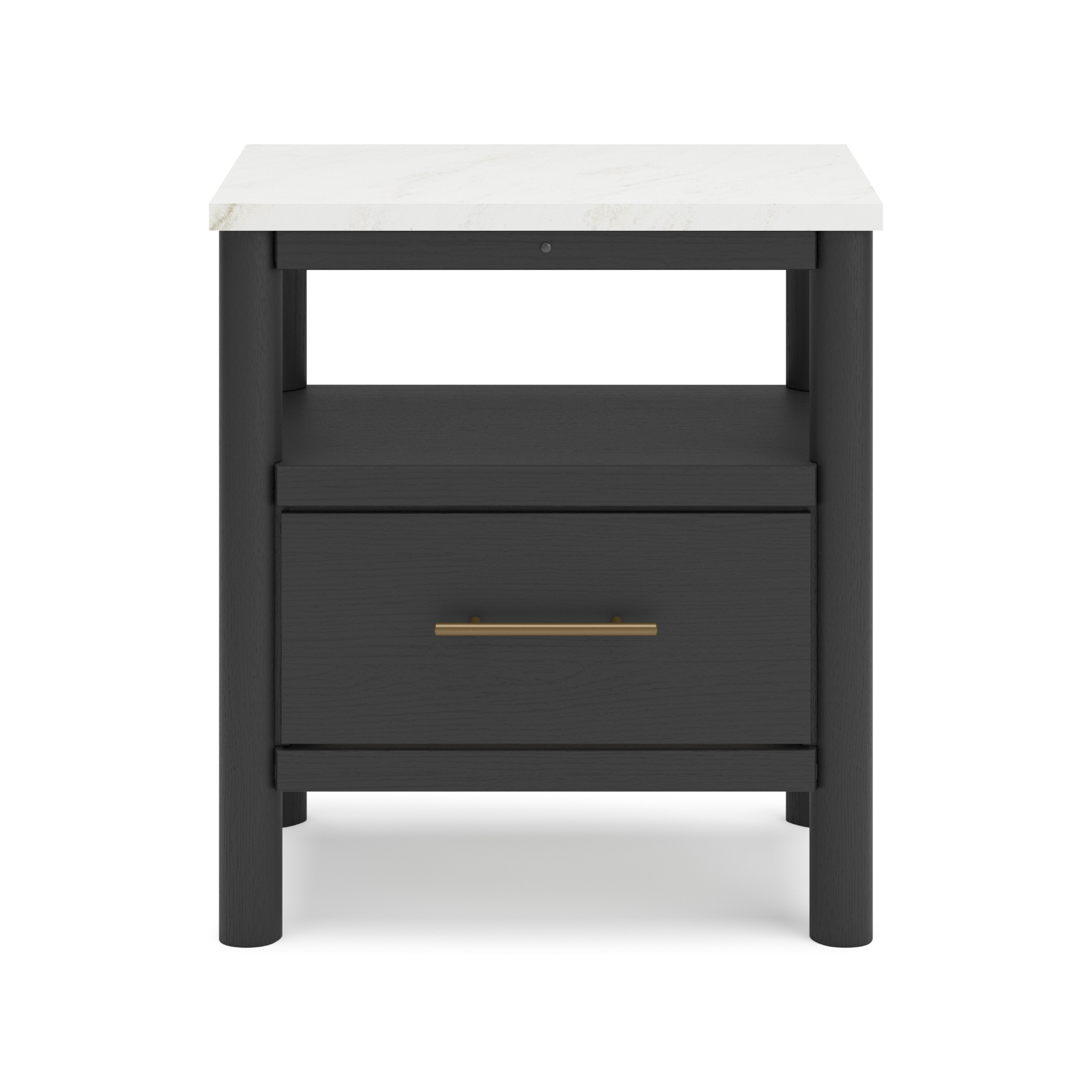 Black Cadmori one drawer night stand by Signature Ashley, showing its sleek design with a single drawer and modern style.