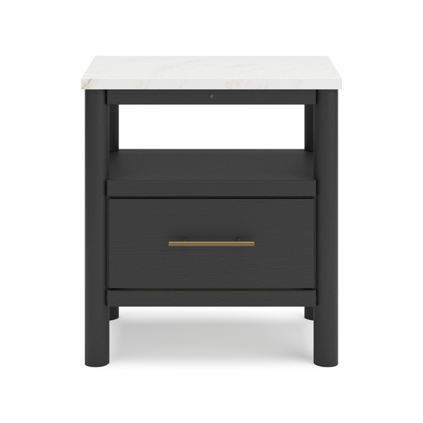 Black Cadmori one drawer night stand by Signature Ashley, showing its sleek design with a single drawer and modern style.