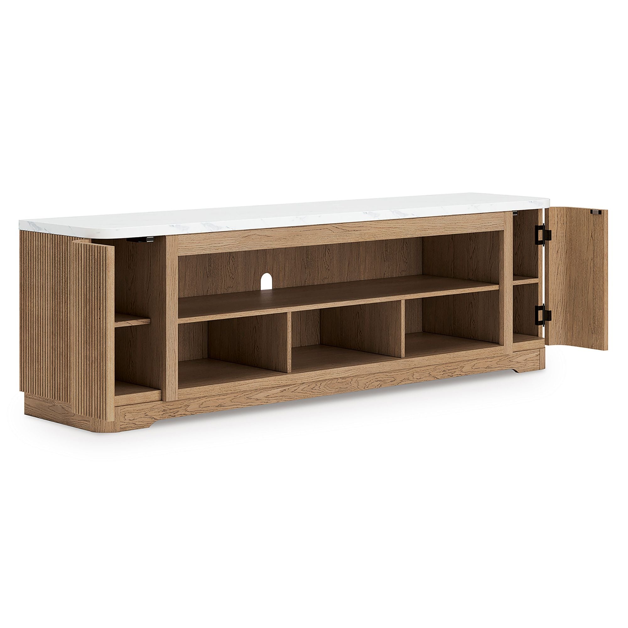 Signature Design by Ashley Camdill XL TV stand with fireplace option, showcasing a modern wooden entertainment center with open shelves.
