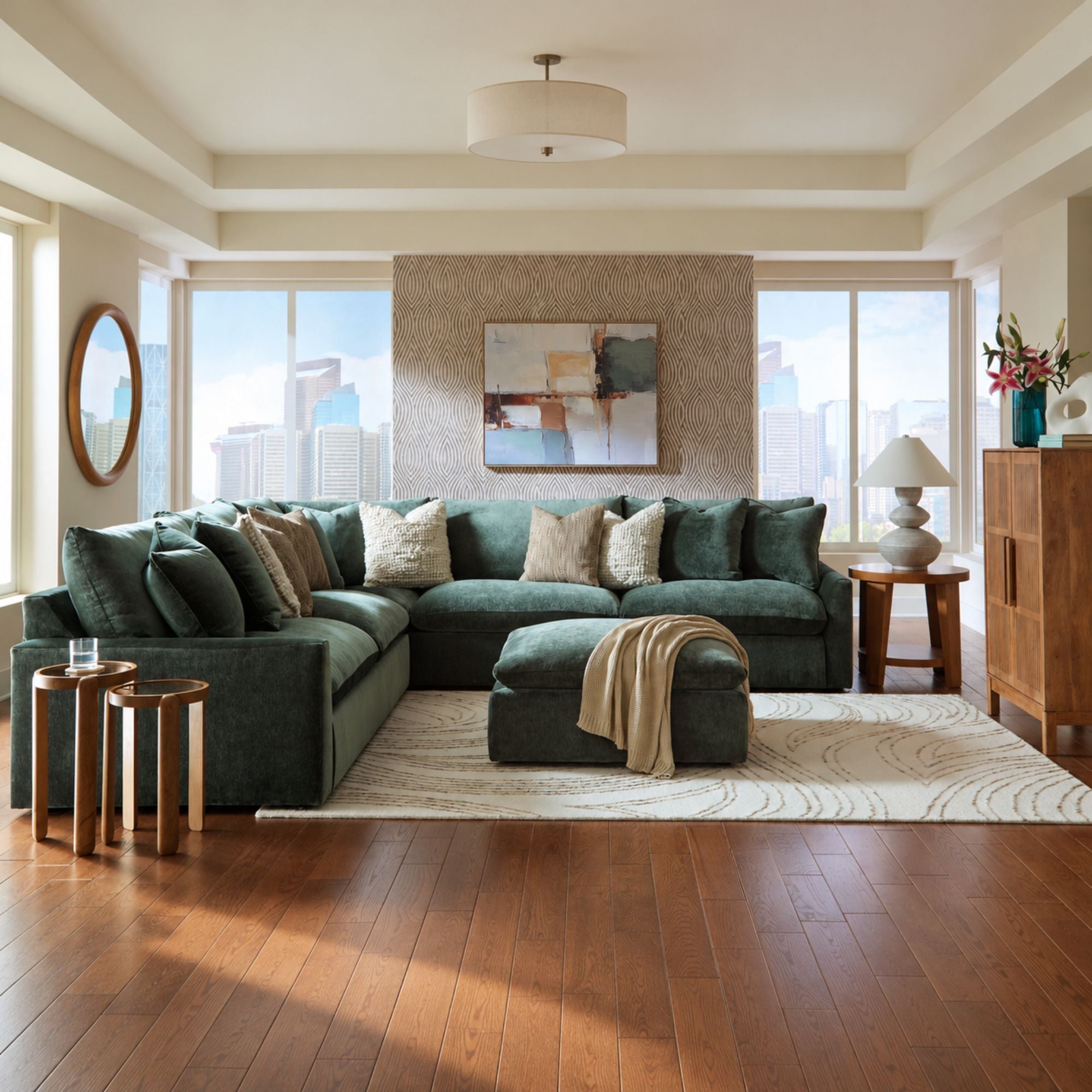 Jade green Signature Design by Ashley Carriage View 3-piece sectional sofa in a spacious living room setup