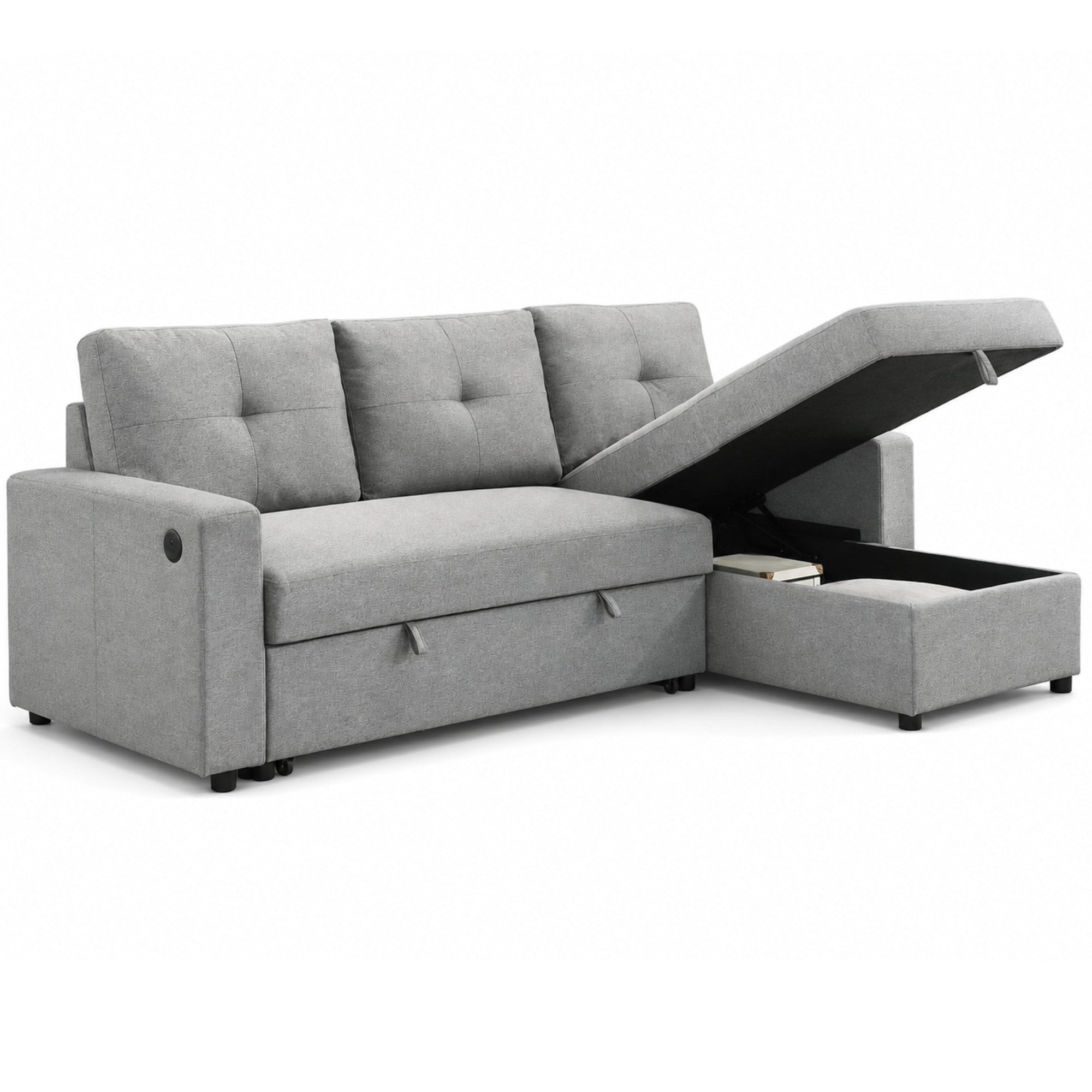 A light gray upholstered sectional sofa with a raised lift-up ottoman section on the left, showing storage space underneath, photographed on a clean white background.