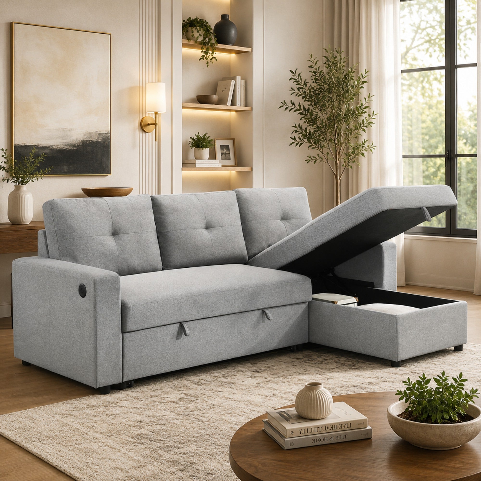 A light gray upholstered sectional sofa in a styled living room