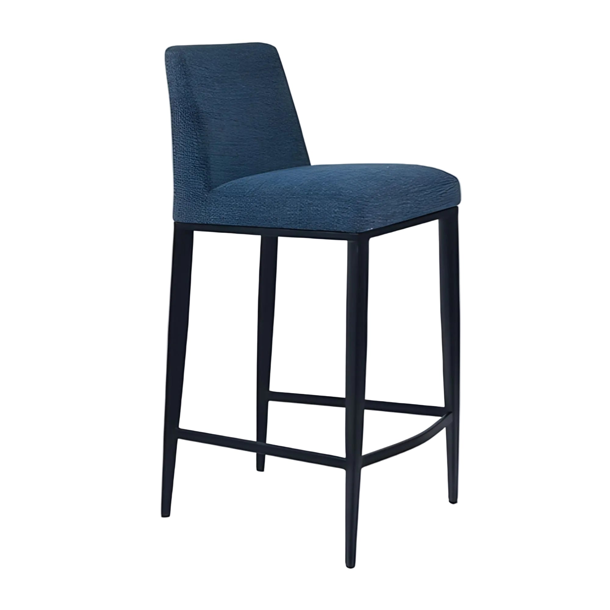 Blue Celine counter stool by Elite Living with black base and fabric upholstery, designed for kitchen or bar seating.