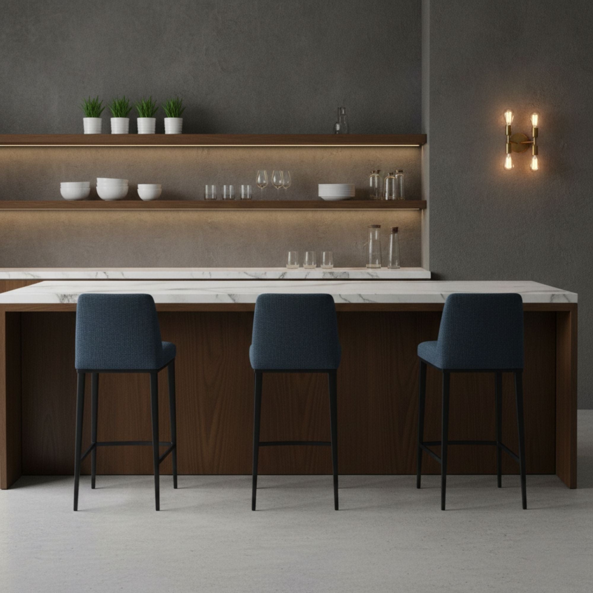 Blue Celine counter stool by Elite Living with black base and fabric upholstery, showcasing a modern height chair design.