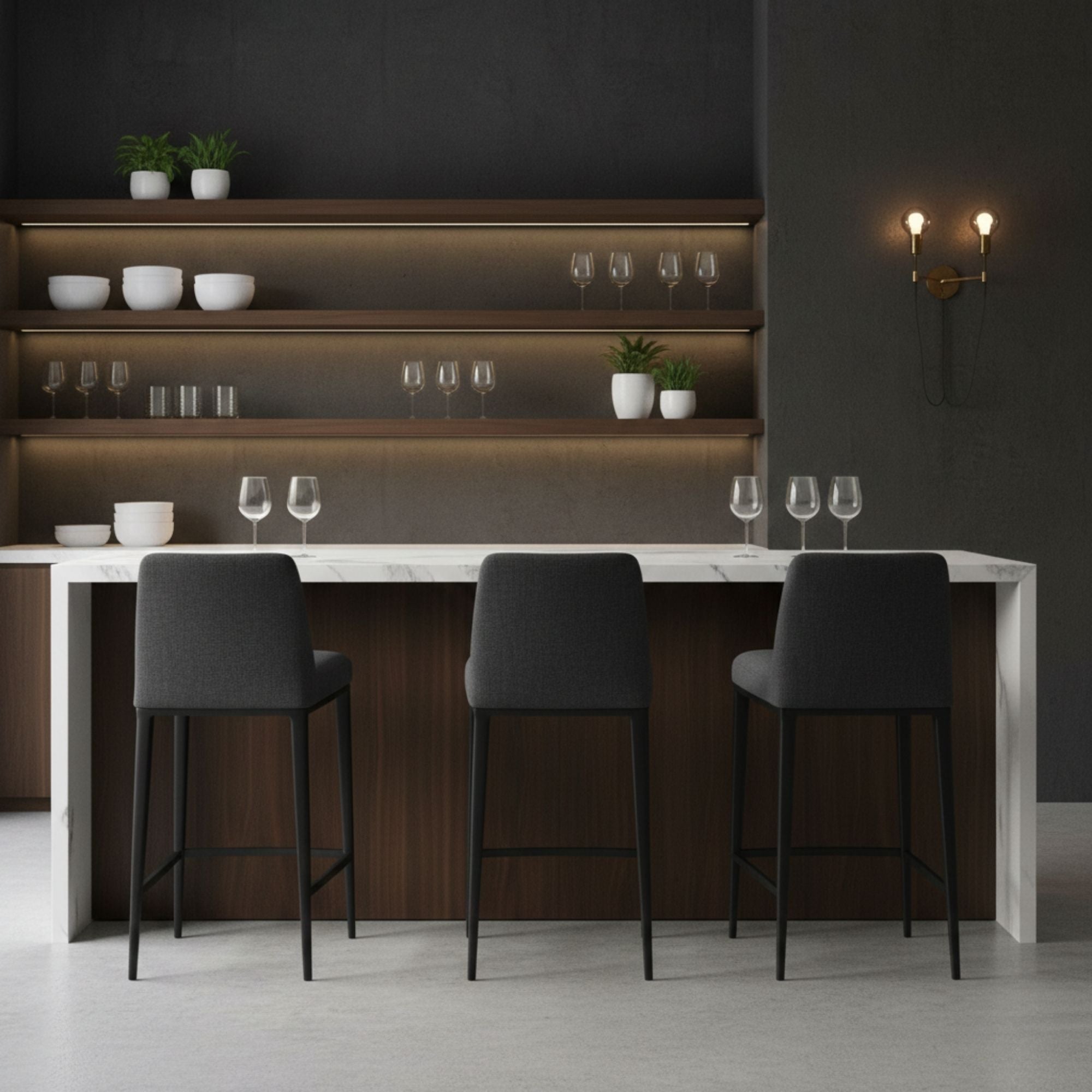 Dark grey fabric Celine counter stool with black base, sleek counter height chair by Elite Living.