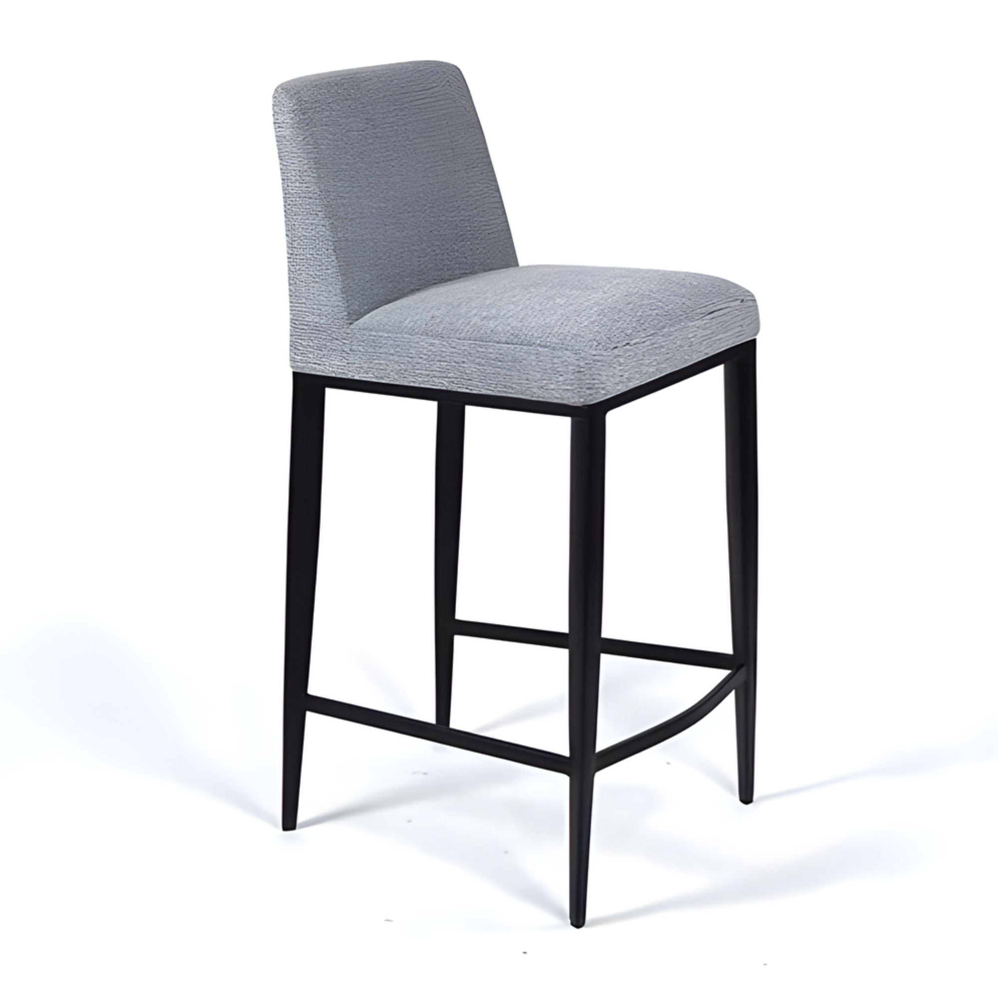 Light grey Celine counter stool with black base, featuring fabric upholstery and modern design from Elite Living.