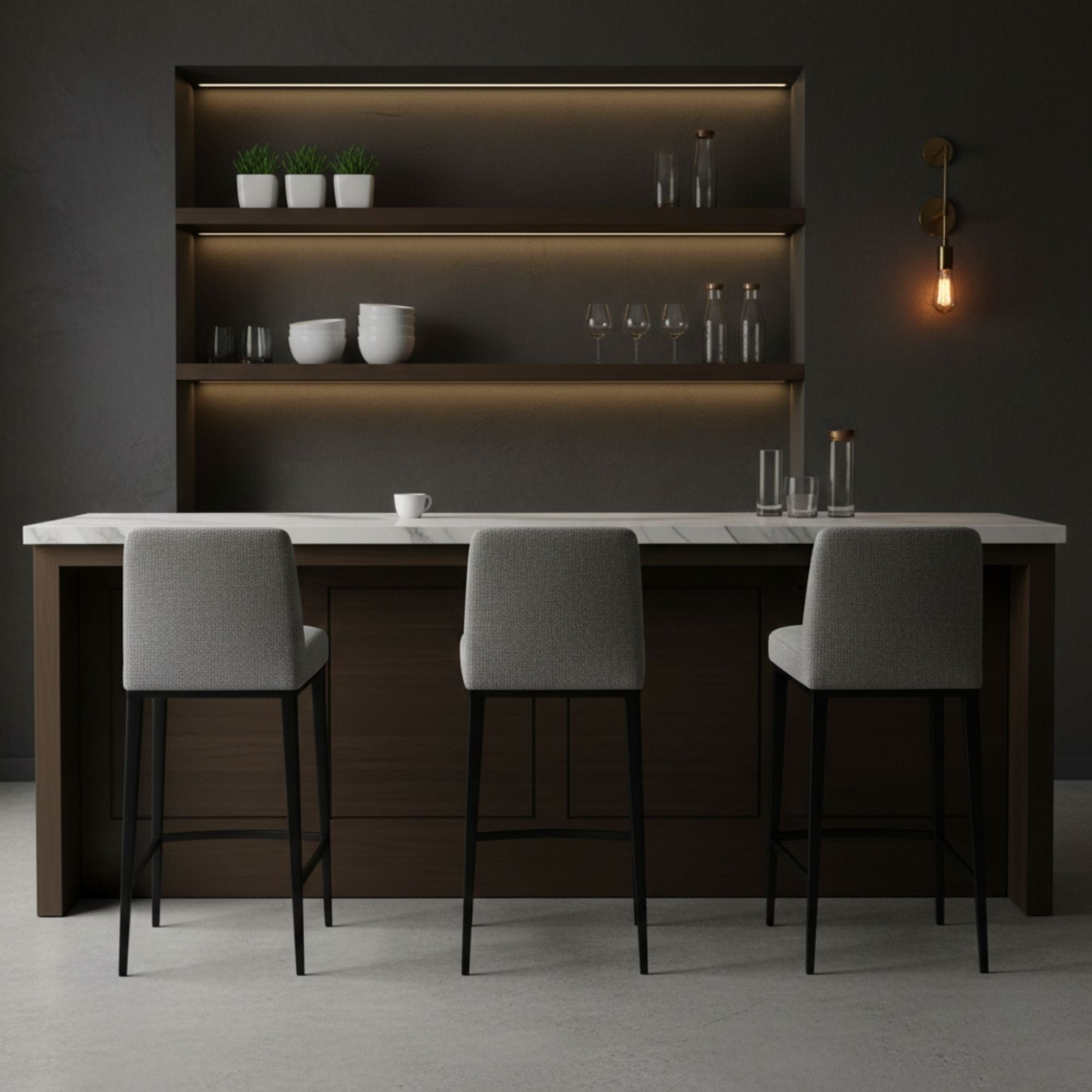 Set of three Elite Living Celine counter height stools with light grey fabric upholstery and black bases, stylish and modern seating.
