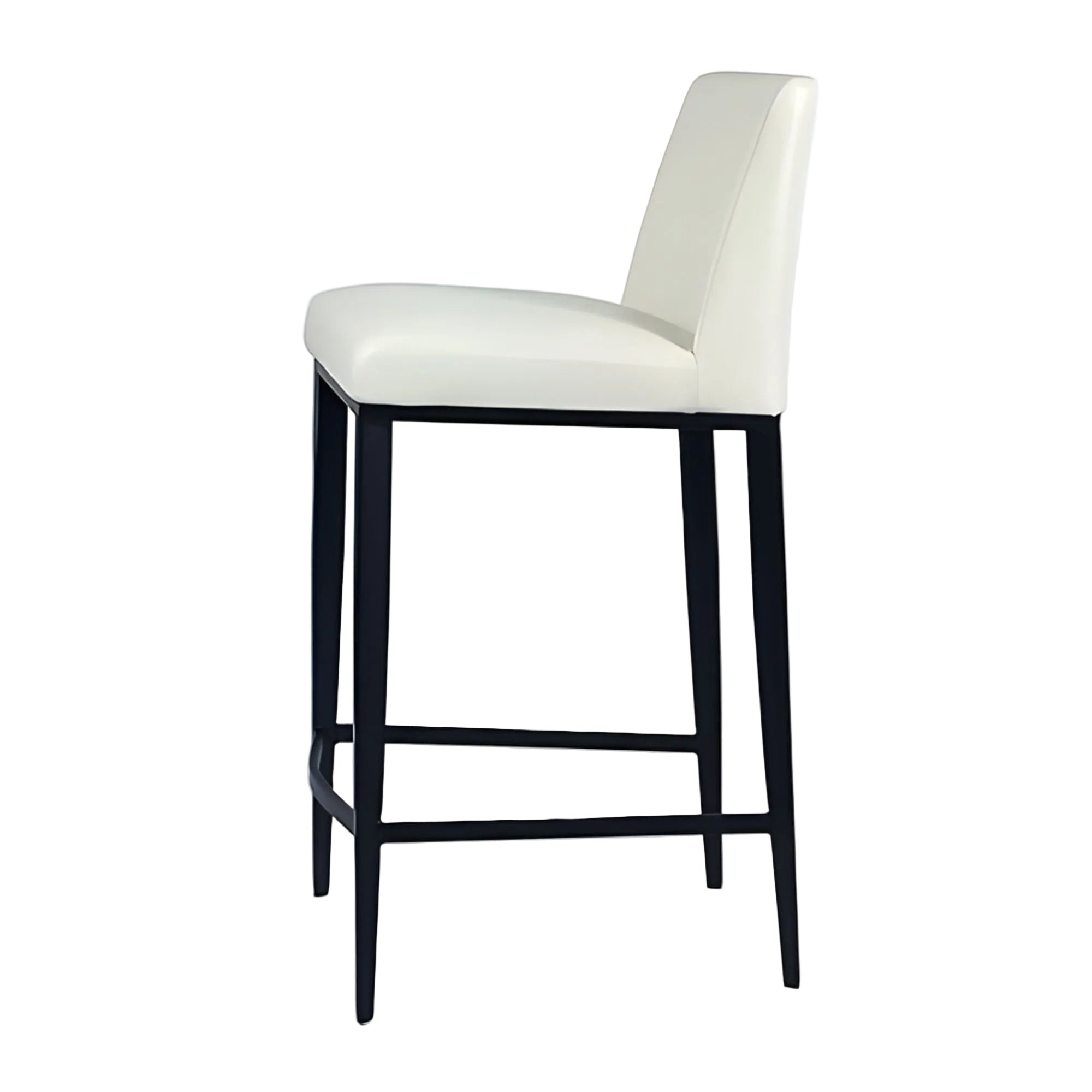 White Celine counter stool with black base, upholstered in white PU leather, featuring a modern, sleek design for stylish kitchen or bar area.