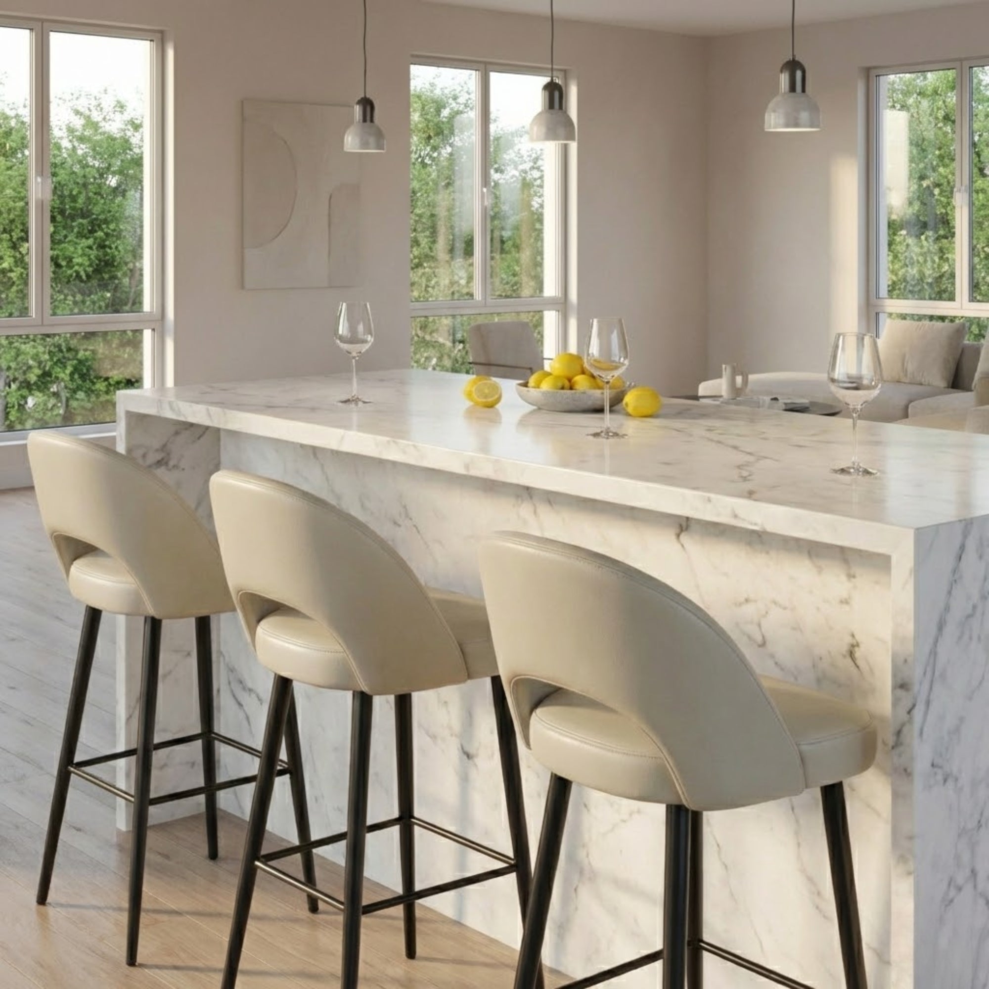 Elite Living Coco Counter Stools in sand vegan leather with sleek modern design, perfect for bar or kitchen counter seating.