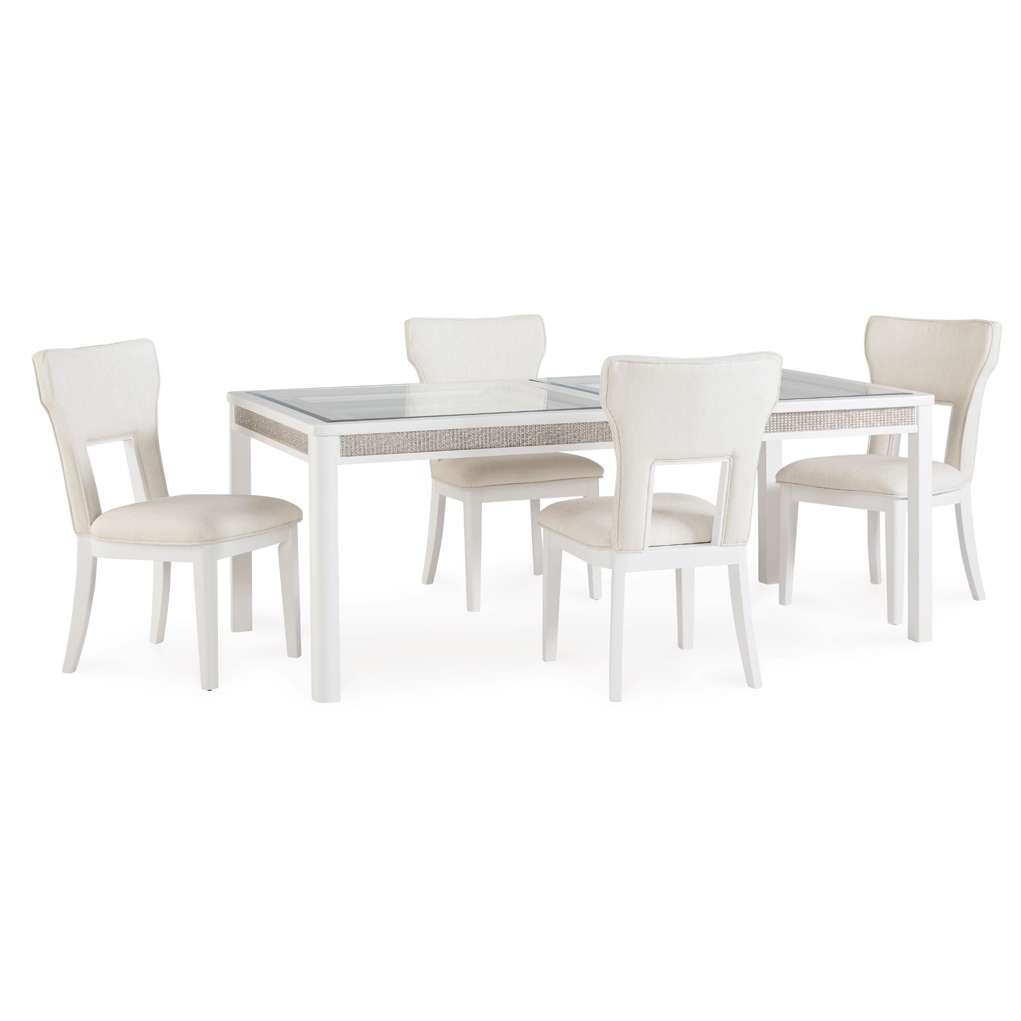 White Chalanna dining room set with a table and matching chairs by Signature Ashley, displayed in a modern, elegant dining space.
