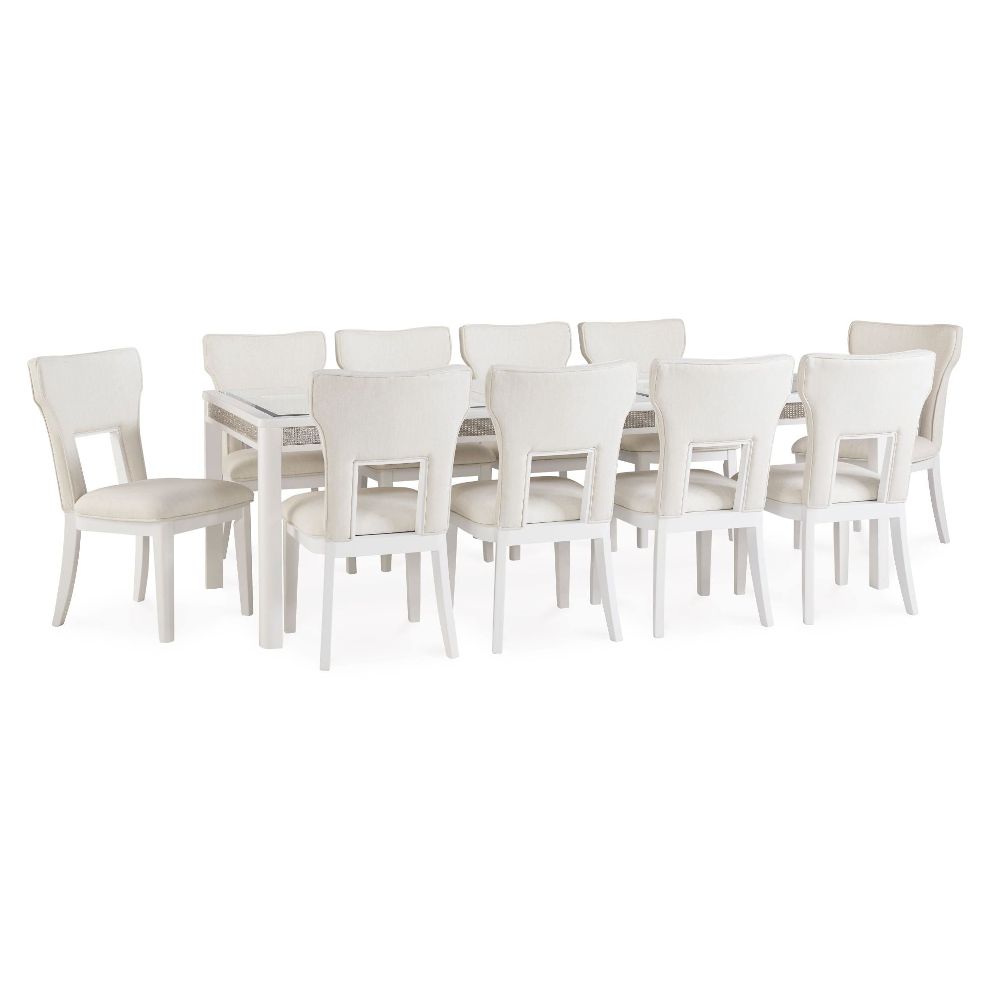 White Chalanna dining room set from Signature Ashley featuring a table and chairs in a modern design.