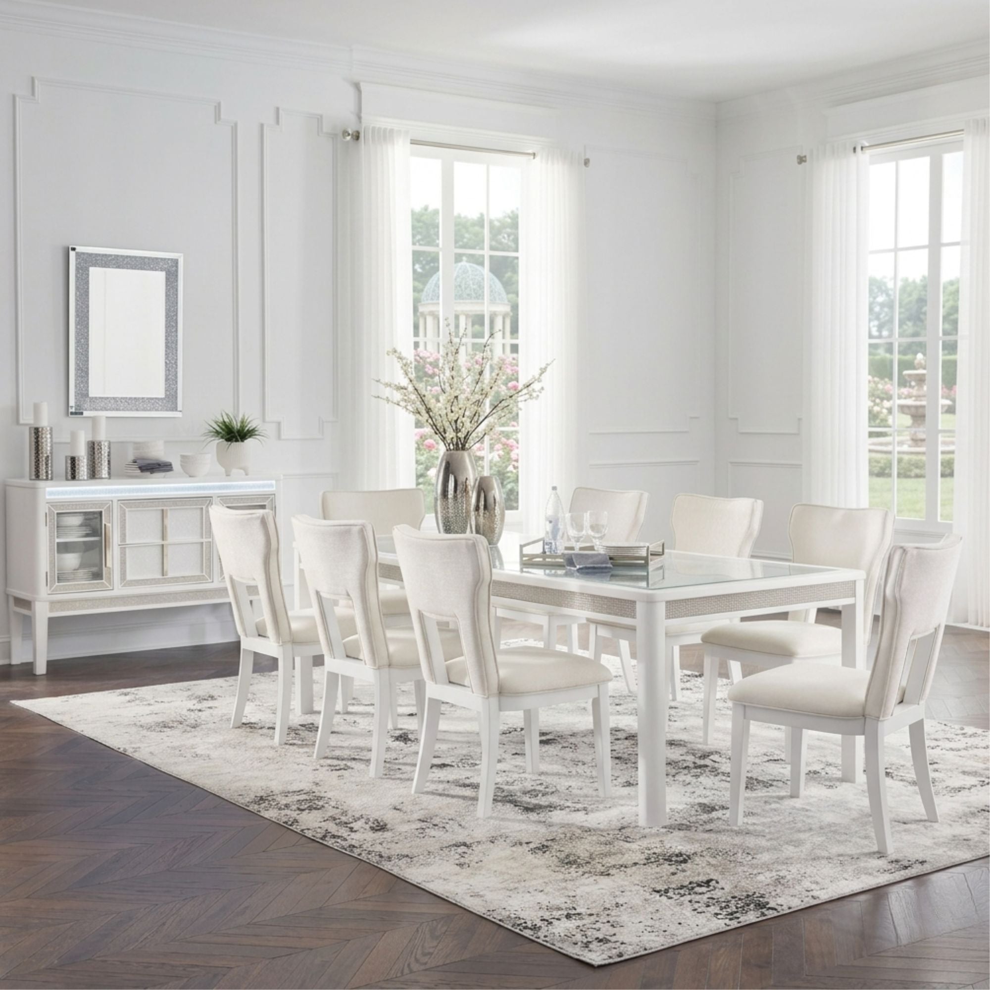 White Chalanna dining room set by Signature Ashley featuring a table and matching chairs in a modern design.