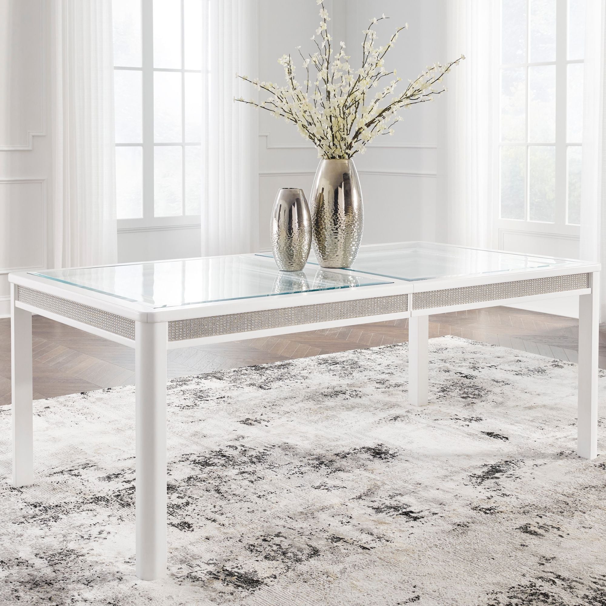 White Chalanna dining room set with table and chairs from Signature Ashley, featuring a modern design for elegant dining spaces.