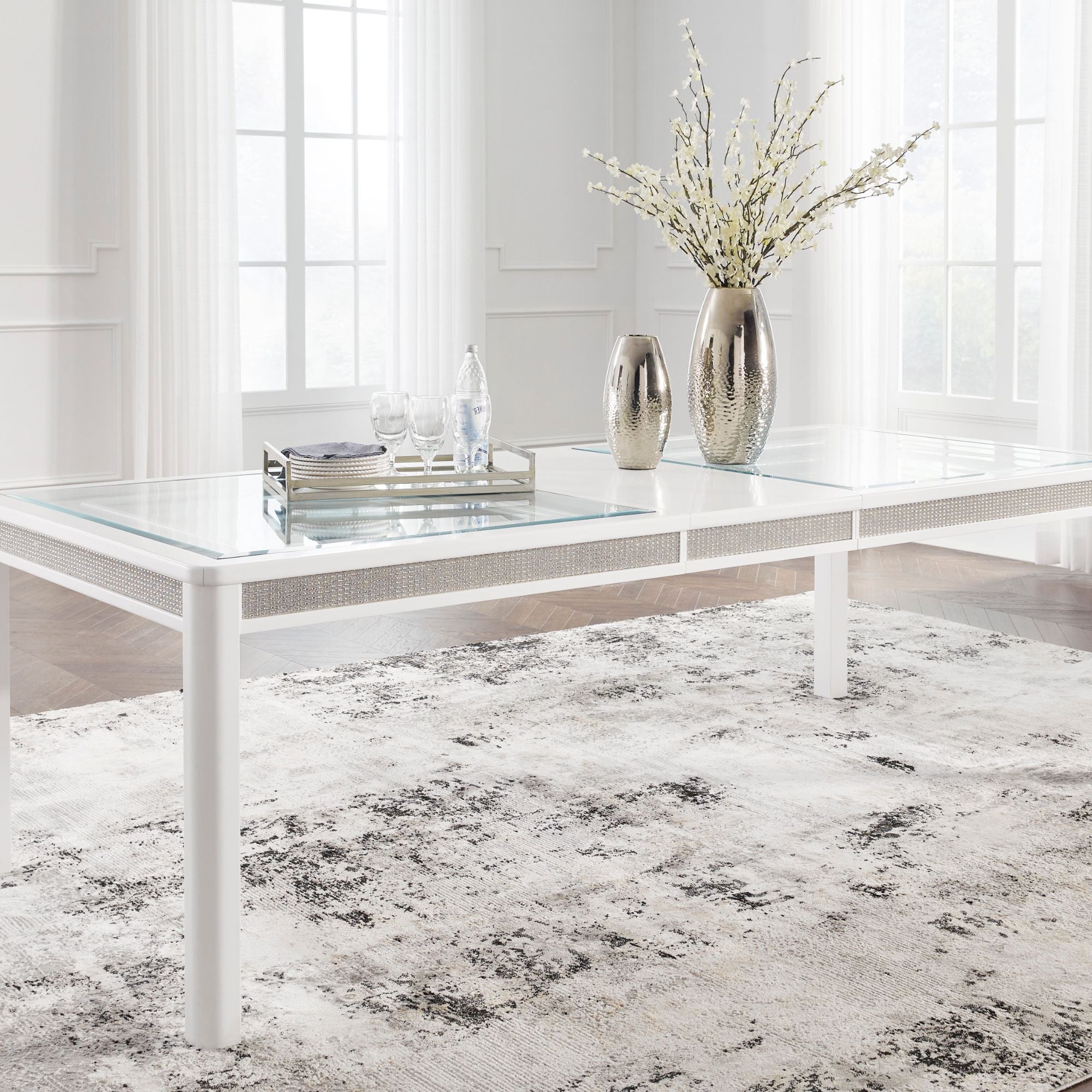 White Chalanna RECT dining room table from Signature Ashley, showcasing the extended rectangular dining table design.