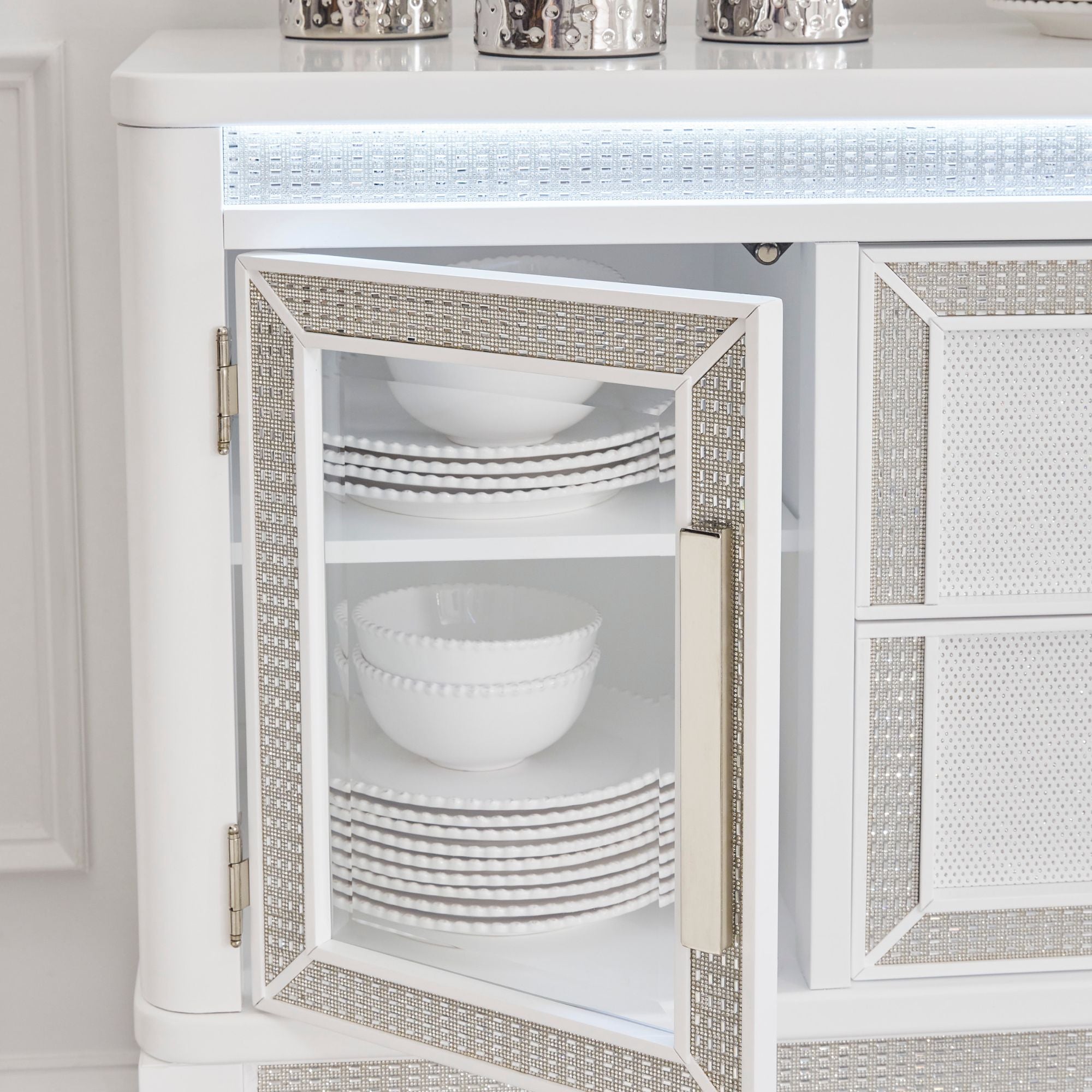 White Chalanna dining room server by Signature Ashley featuring storage drawers and a sleek, modern design.
