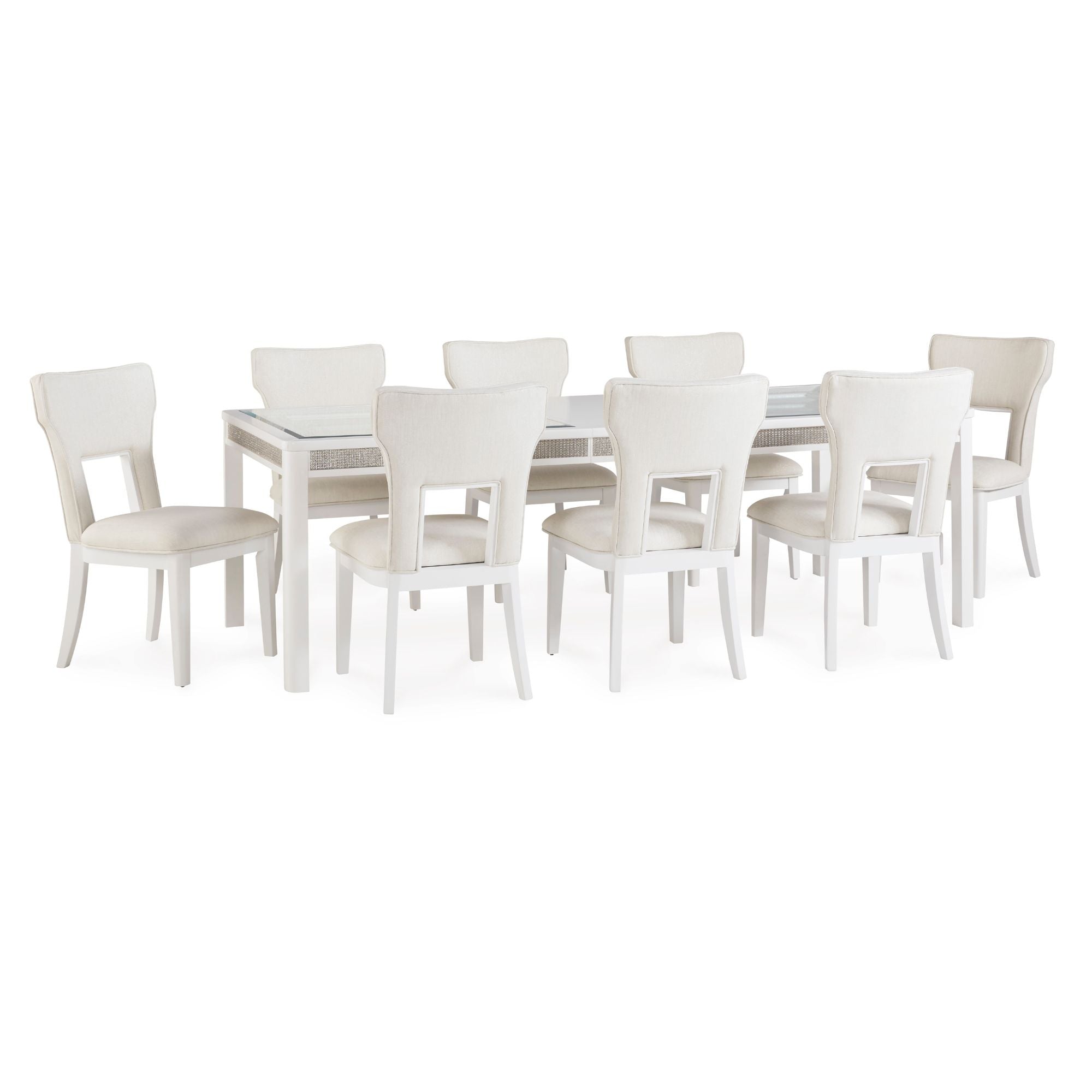 White Chalanna dining room set by Signature Ashley, includes table and chairs, modern design with clean lines and a polished finish.
