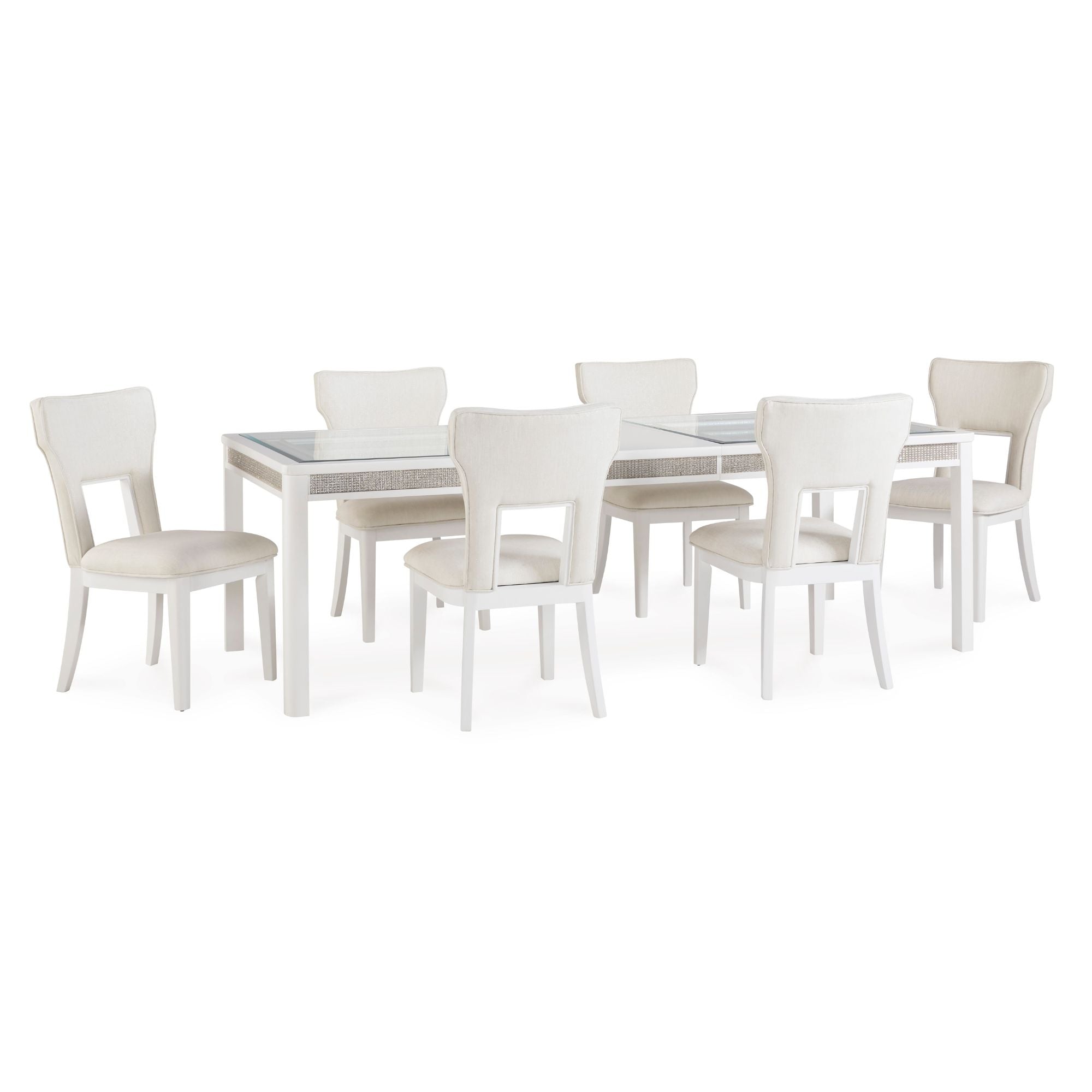 White Chalanna dining room set by Signature Ashley featuring a table and matching chairs with a modern design.