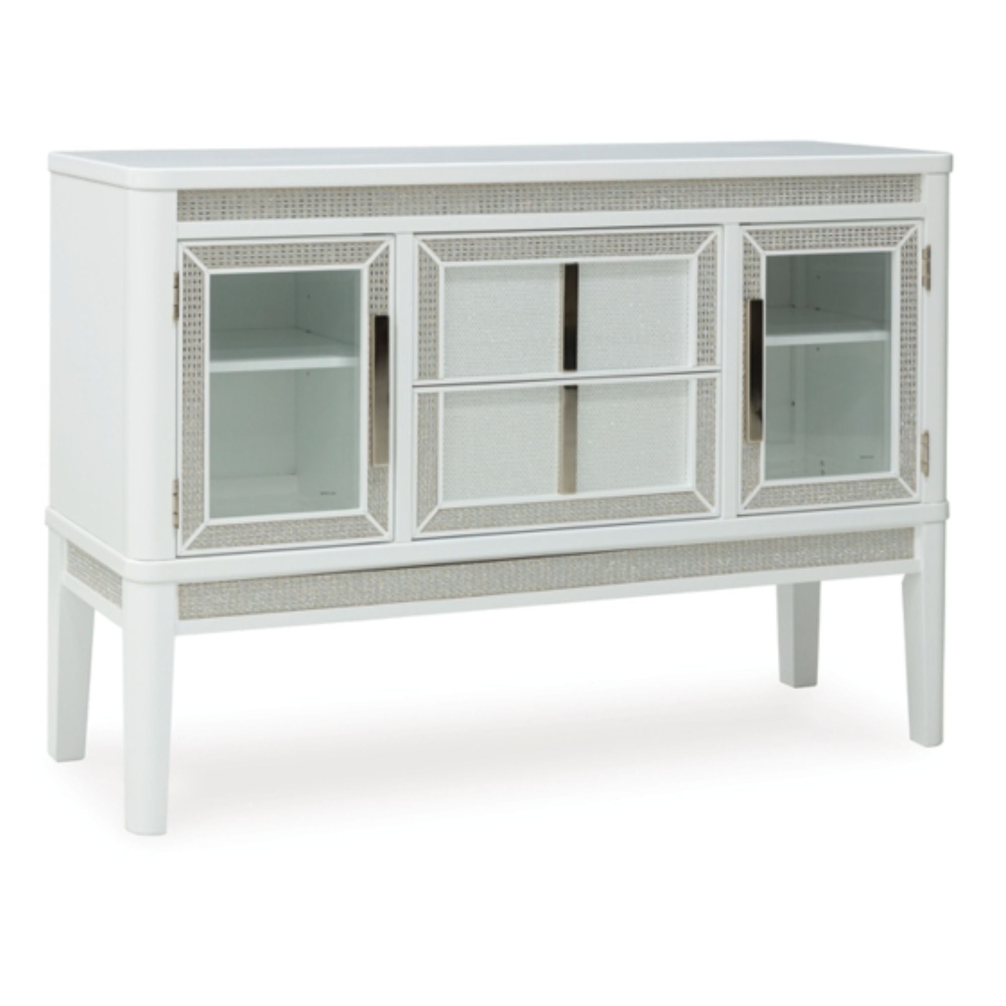 White Chalanna dining room server by Signature Ashley with storage drawers and cabinet, ideal for elegant dining room organization.