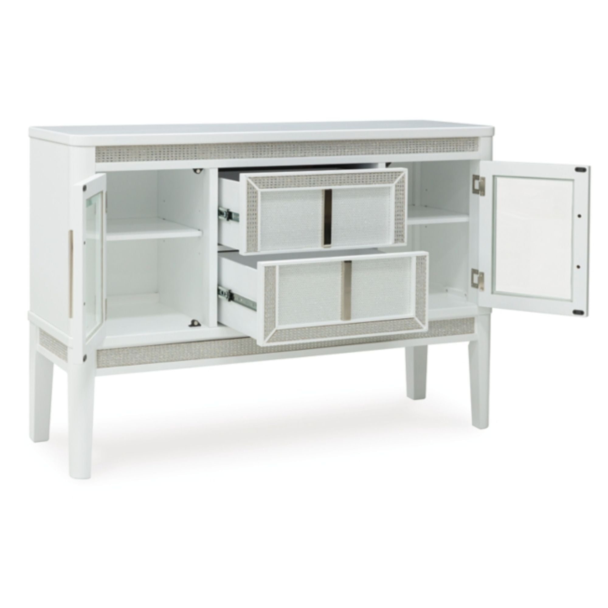 White Chalanna Dining Room Server by Signature Ashley with storage drawers and shelves, ideal for living room organization.