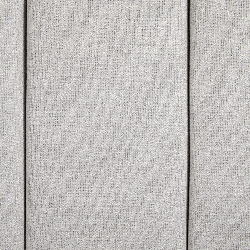 Xcella Channel upholstery bed frame with a sleek design, showcasing the fabric swatch in neutral tones for modern bedroom decor.