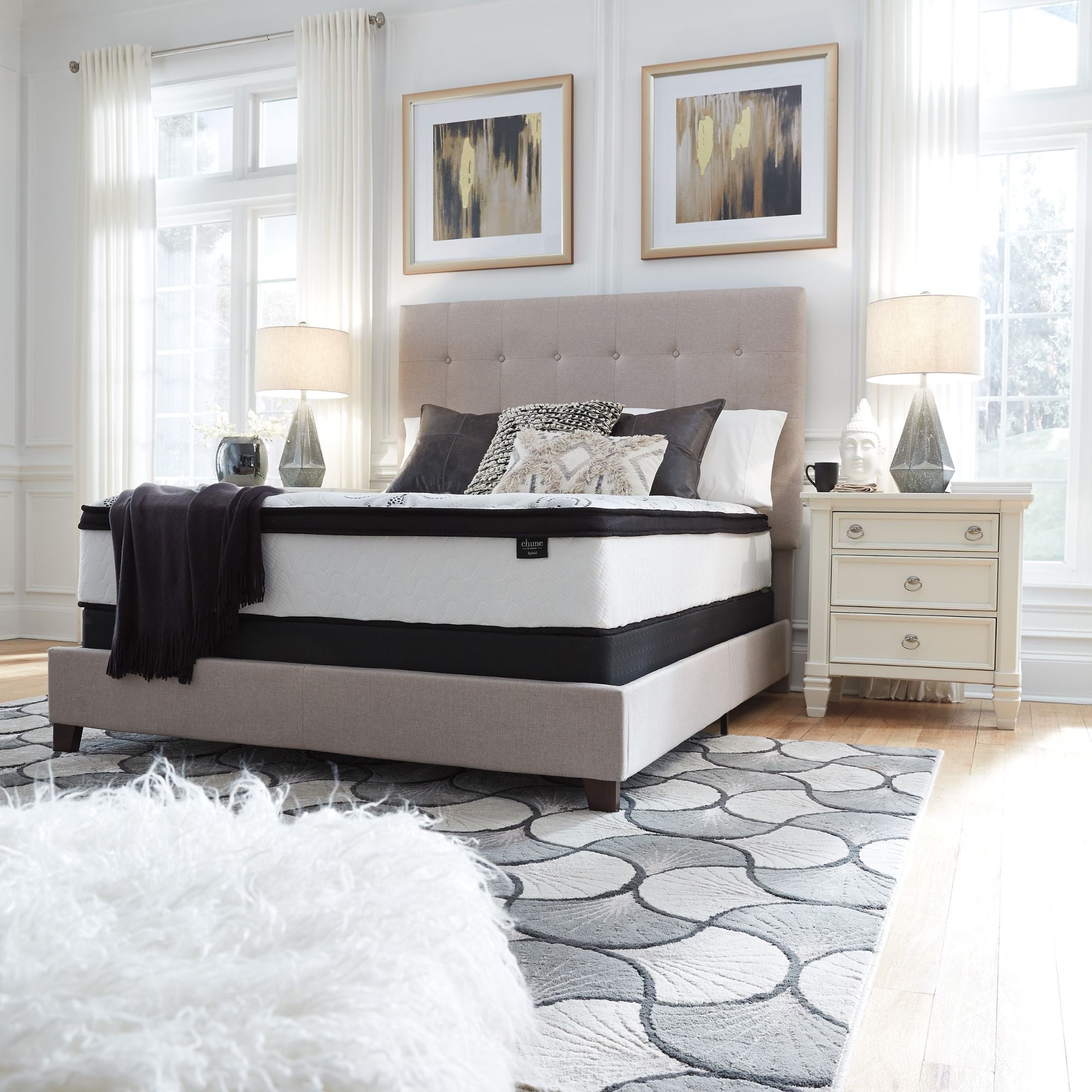Signature Ashley Chime 12-inch ultra plush hybrid mattress with soft fabric cover and plush surface for comfortable sleep.