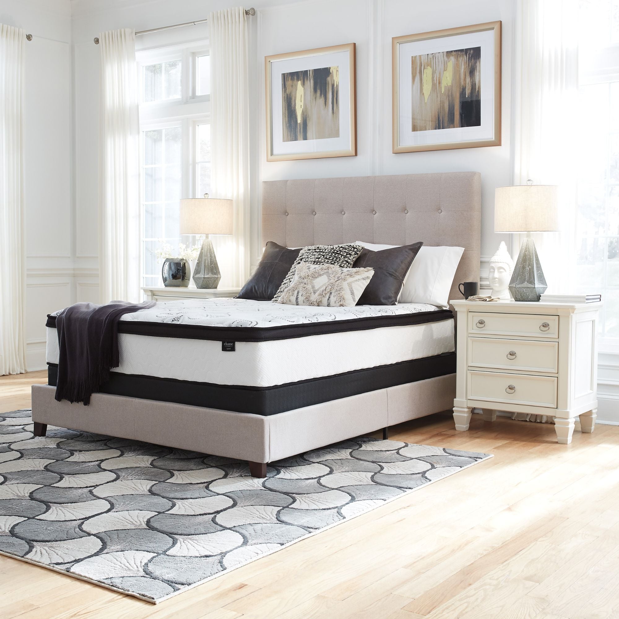 Signature Ashley Chime 12-inch ultra plush hybrid mattress with soft, plush fabric and hybrid design for comfort and support.