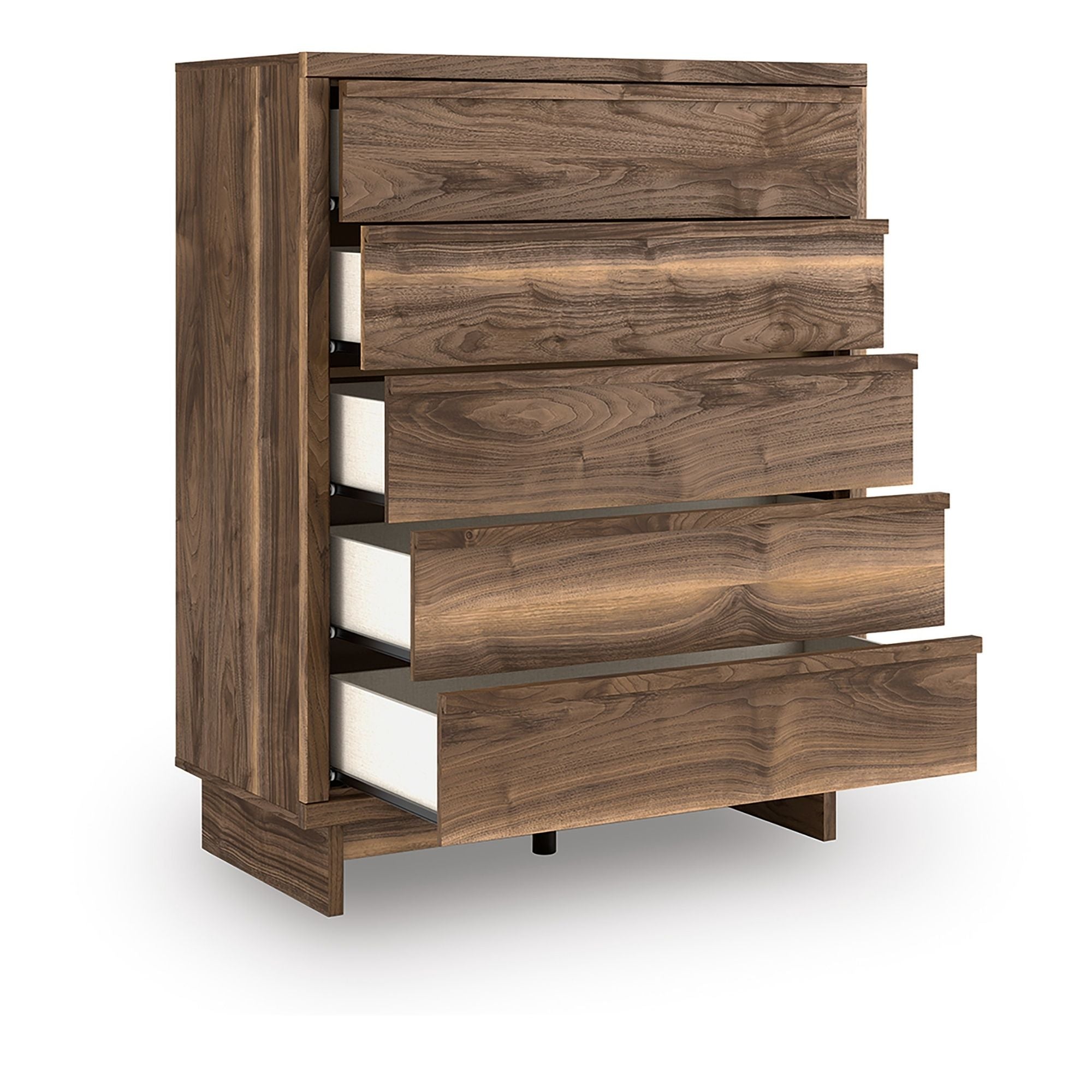 Signature Ashley Chirason four-drawer chest showing wooden finish and sleek drawer handles in a bedroom setting.