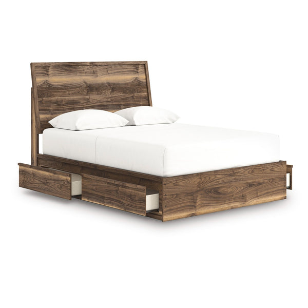 Signature Ashley Chirason panel bed with built-in storage drawers, featuring a modern design and dark wood finish.