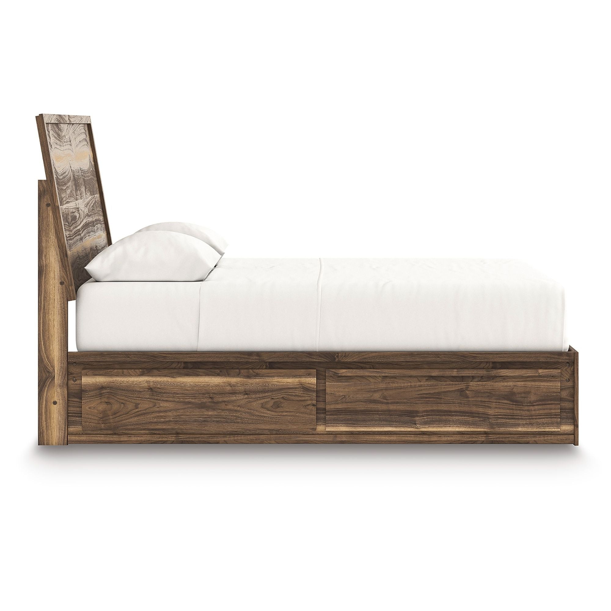 Signature Ashley Chirason panel bed with built-in storage drawers, showcasing a modern bedroom furniture design with a wood finish.