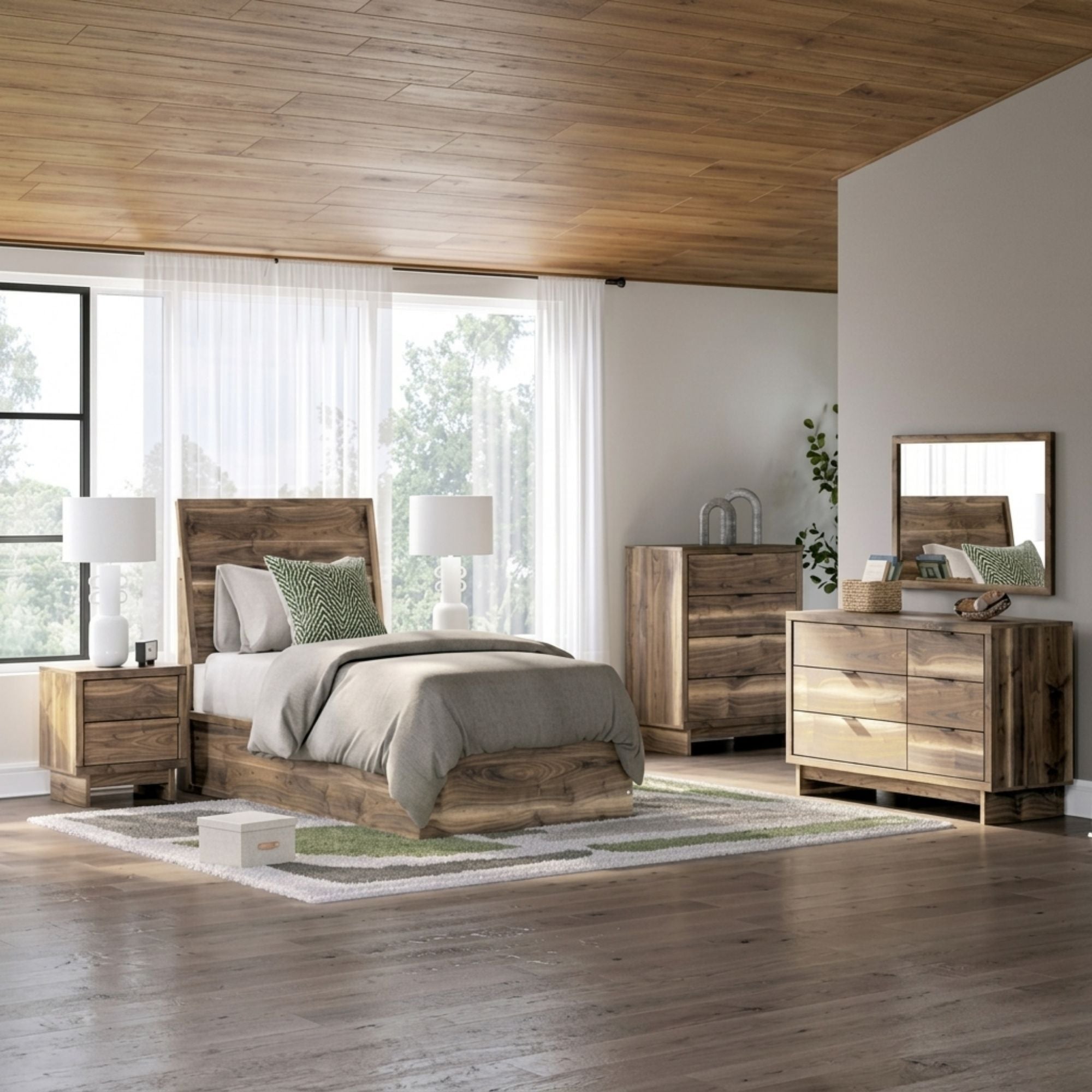Signature Ashley Chirason panel bed bedroom set with matching nightstands and storage drawers, in a modern bedroom interior.