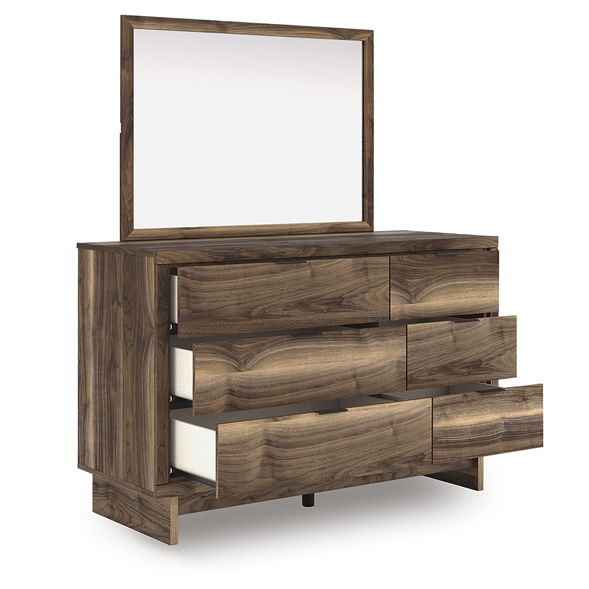 Ashley Chirason panel bed bedroom set with a modern design, including a bed frame, matching nightstands, and a dresser in a cozy bedroom.