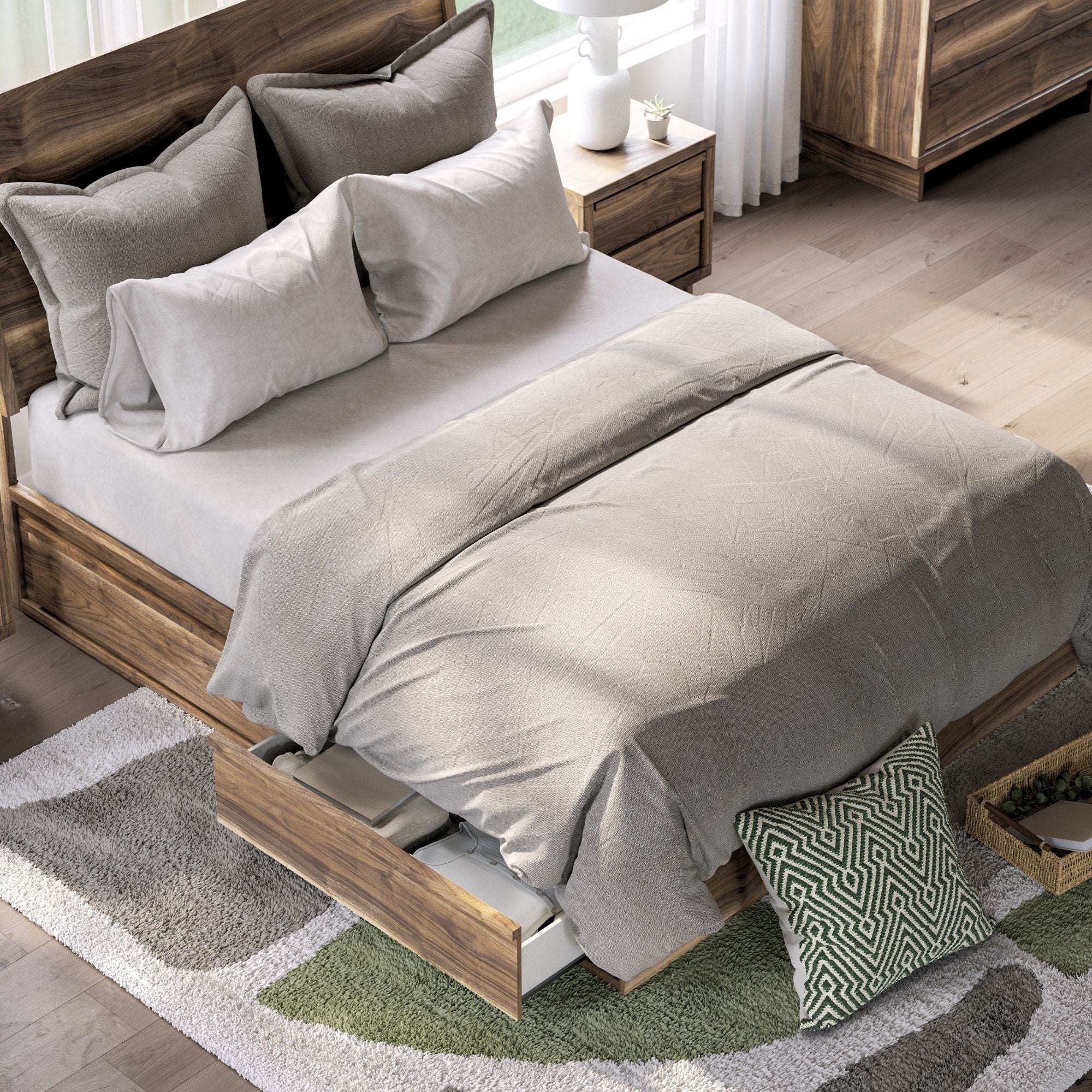 Signature Ashley Chirason panel bed bedroom set with integrated storage, featuring a modern design and matching furniture pieces.