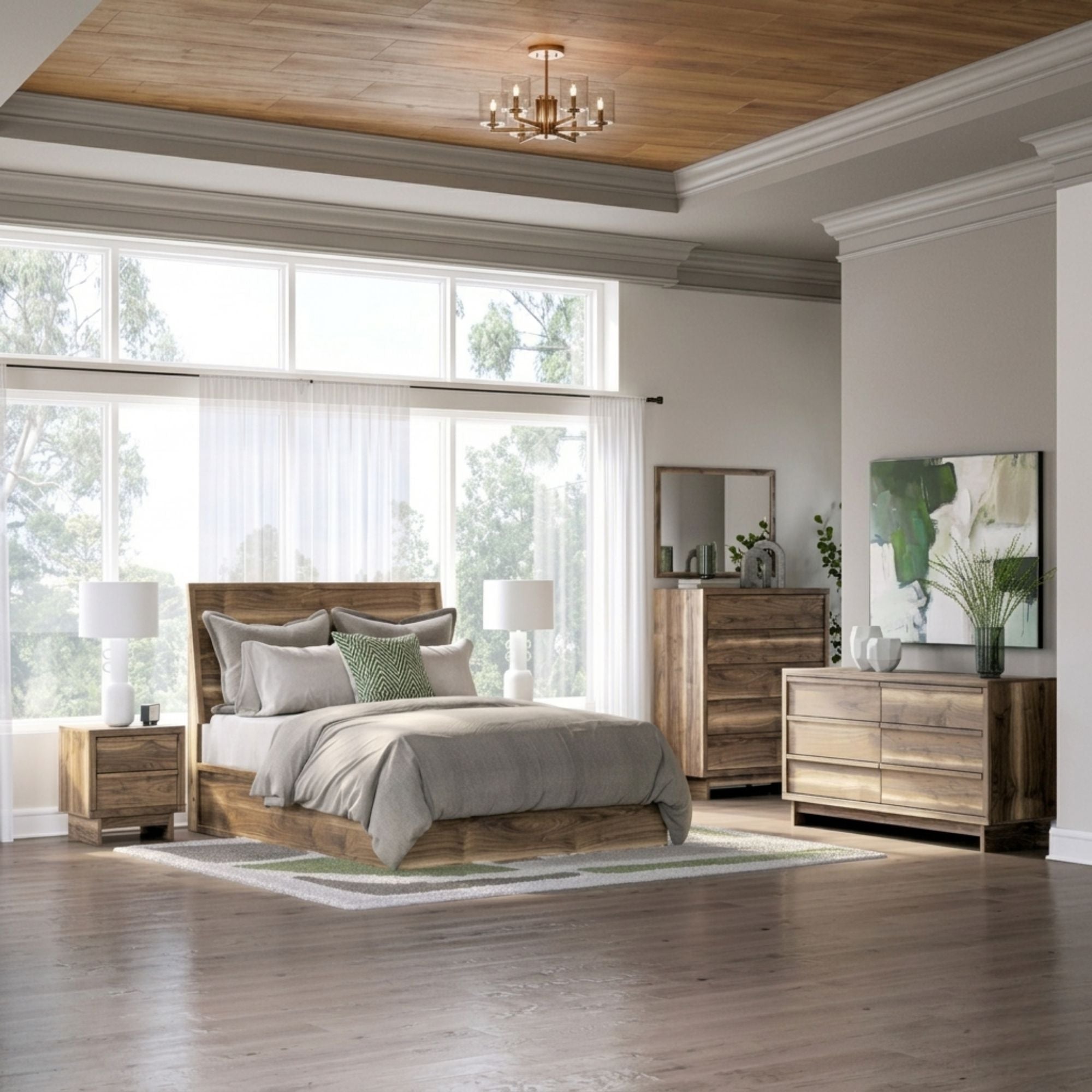 Signature Ashley Chirason panel bed bedroom set with matching nightstands and dresser, showcasing modern wood furniture in a bedroom setting.