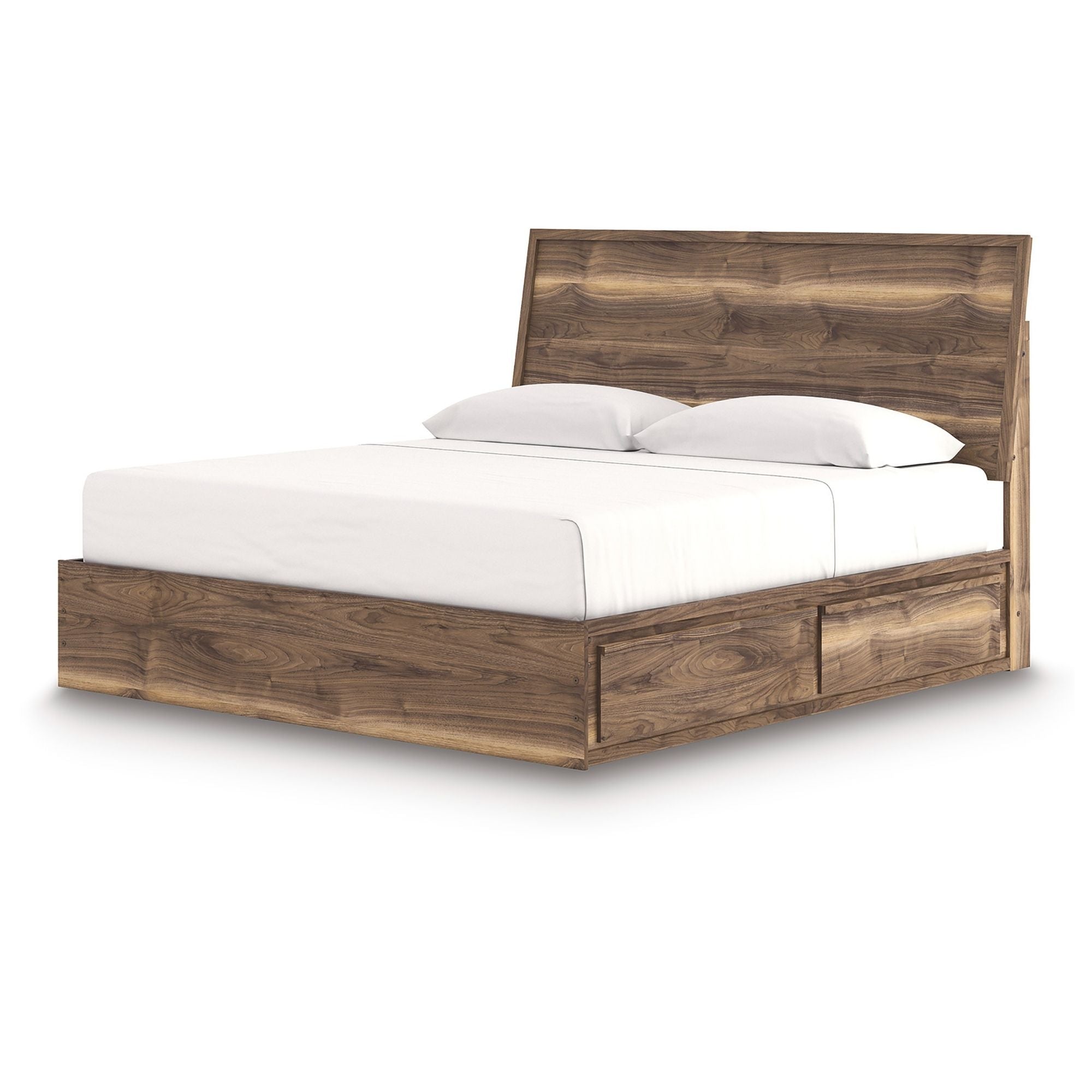 Signature Ashley Chirason panel bedroom set with storage includes bed frame, nightstands, and dresser in a modern bedroom decor.