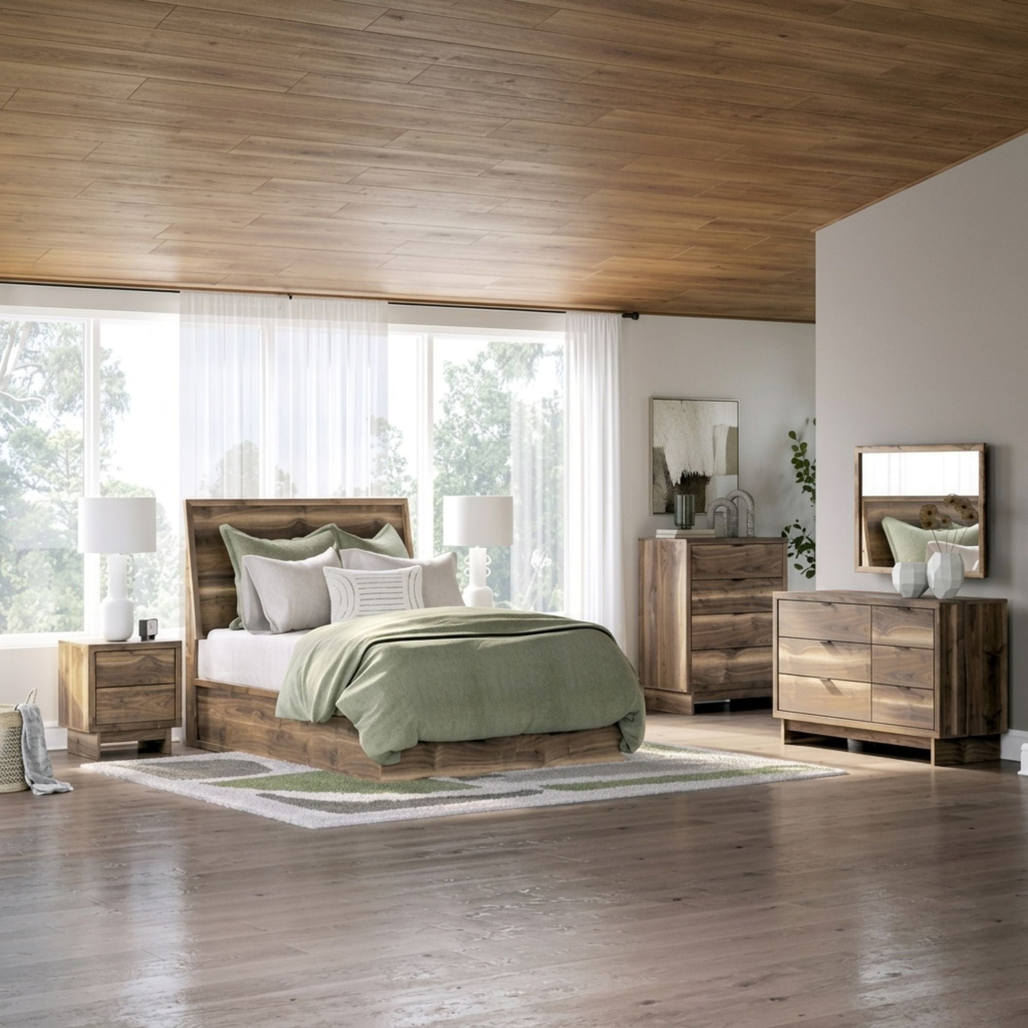 Signature Ashley Chirason Panel Bed bedroom set with matching nightstands and dresser in warm wood finish, modern and elegant bedroom furniture.