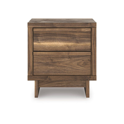 CastleUp Experience Centre Chirason two-drawer nightstand with wooden finish, featuring sleek drawers and modern design.