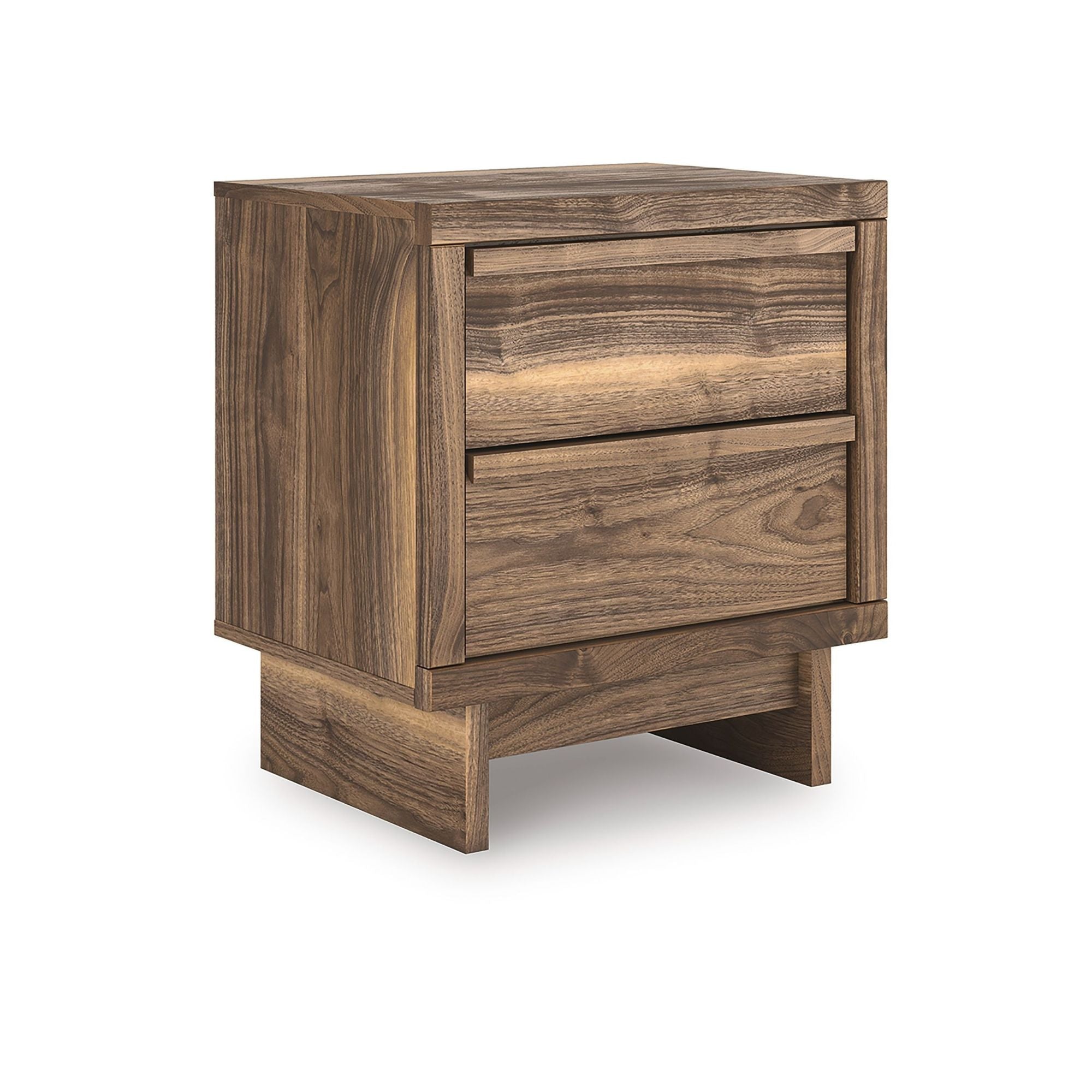 CastleUp Experience Centre Chirason two-drawer nightstand with sleek wood finish and modern design, featuring two spacious drawers.