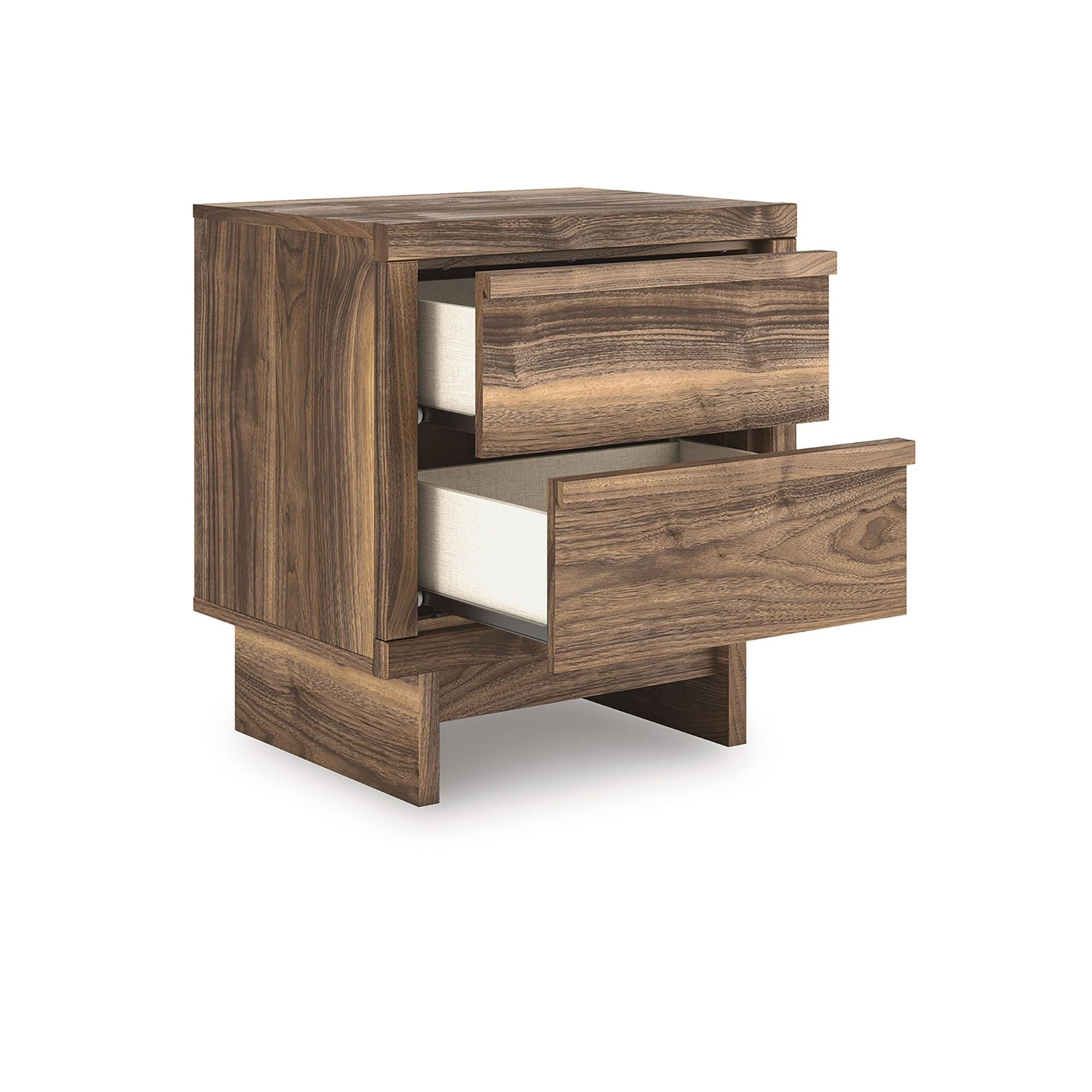 CastleUp Experience Centre Chirason two-drawer nightstand with a sleek wooden finish and modern design, shown with a bedside lamp and decor.