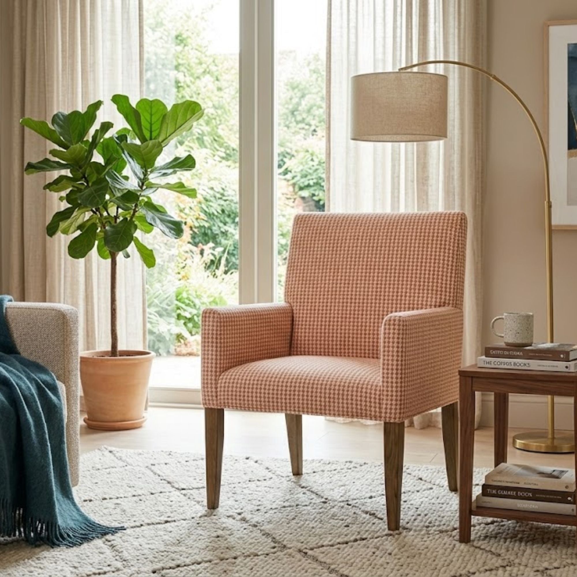 ComfortStyle Canadian-made Chloe accent chair with plush beige upholstery and wooden legs, modern and stylish for living rooms.