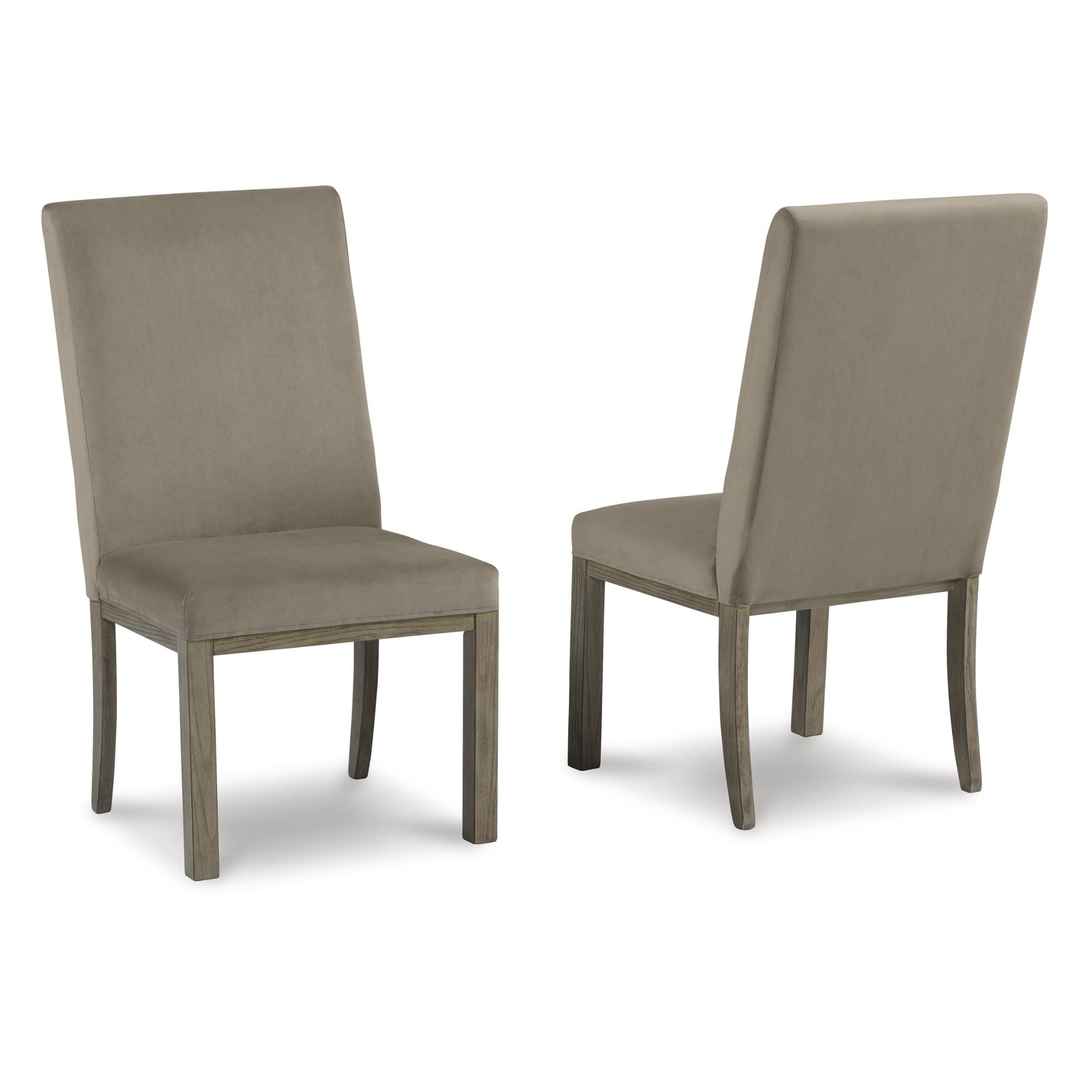 Set of two Ashley Chrestner UPH side dining chairs with dark wooden legs and upholstered beige seats for kitchen and dining room.