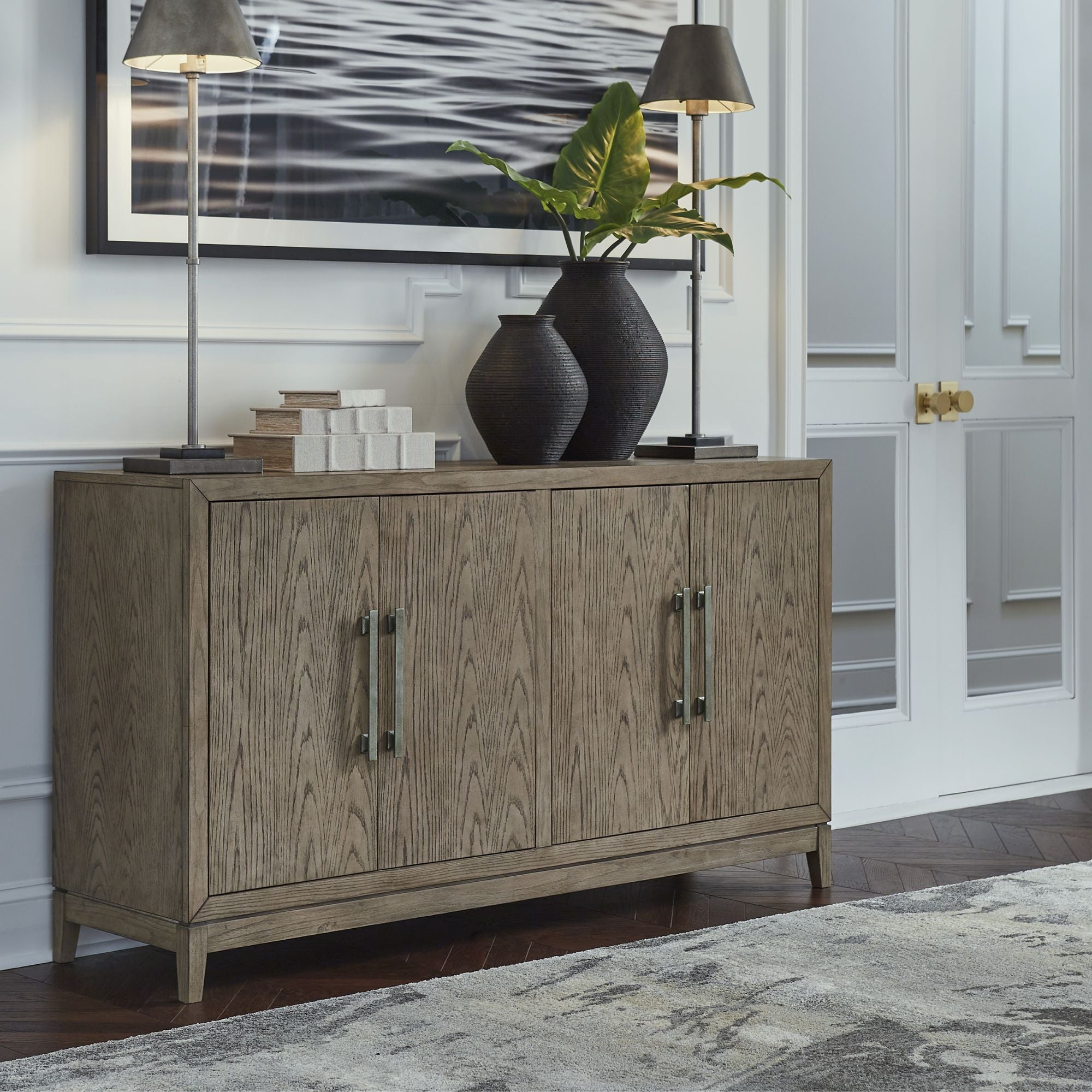 Signature Ashley Chrestner dining room server with storage cabinets and open shelving, ideal for elegant dining room organization.