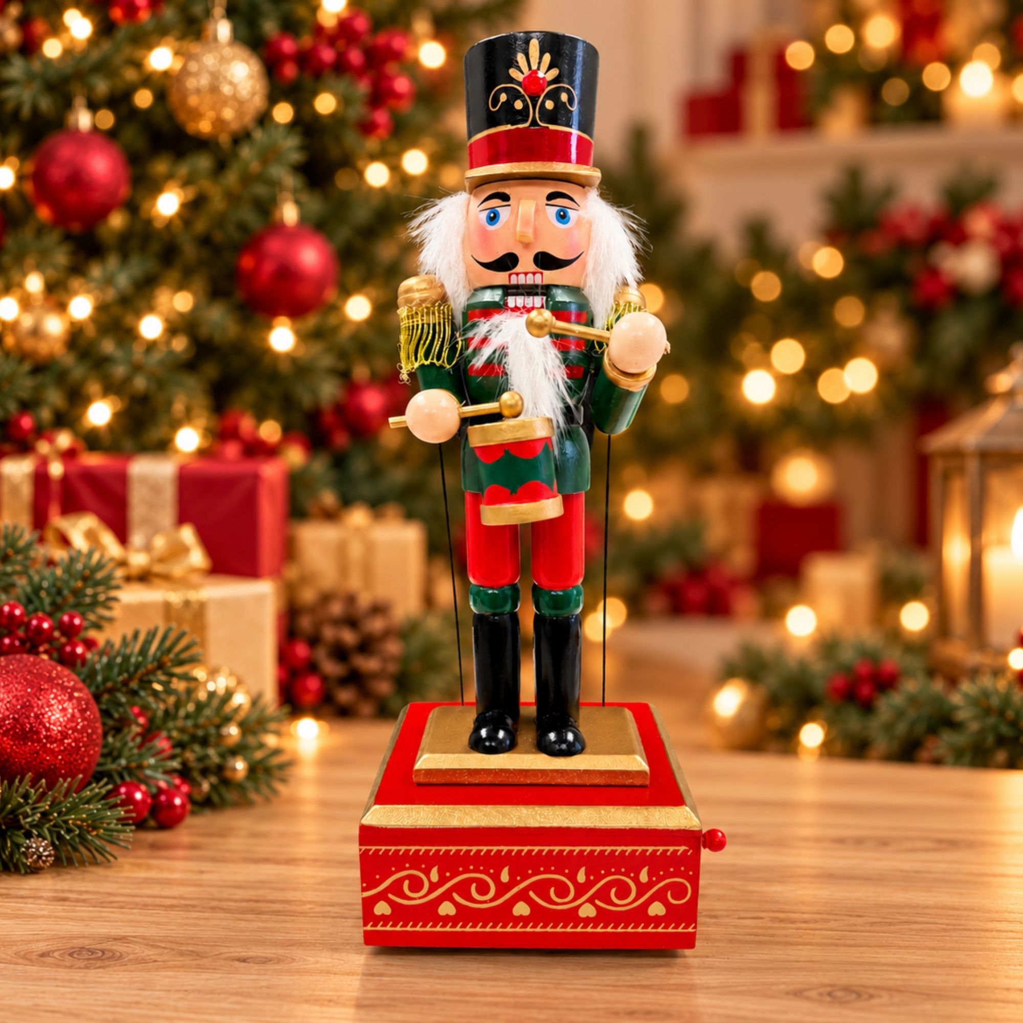 Christmas Drummer Nutcracker Music Box in Green