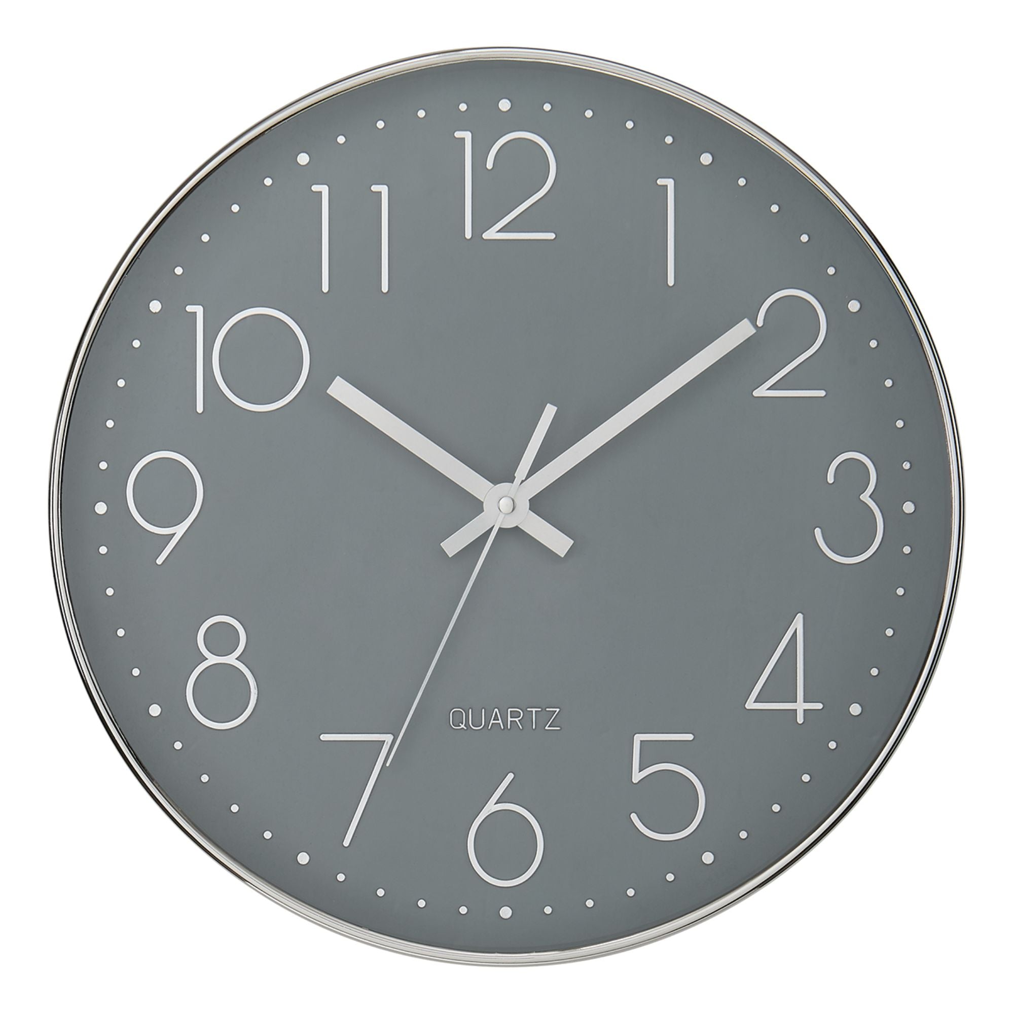 Modern 12-inch grey wall clock with silver frame by Monarch Specialties, featuring a sleek design and minimalist style.