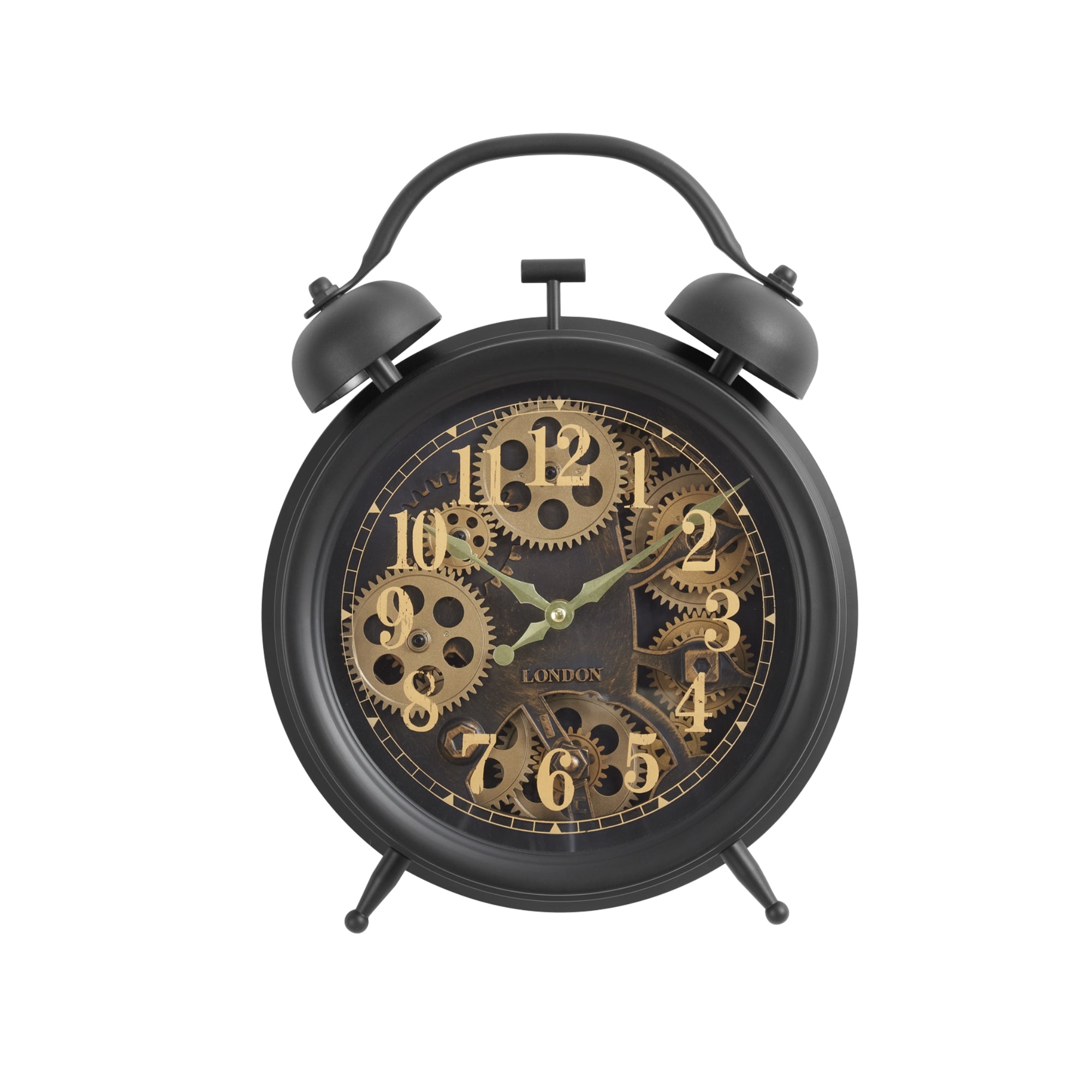 Dark brown gear mechanism tabletop clock by Monarch Specialties, featuring a vintage gear design for modern home decor.