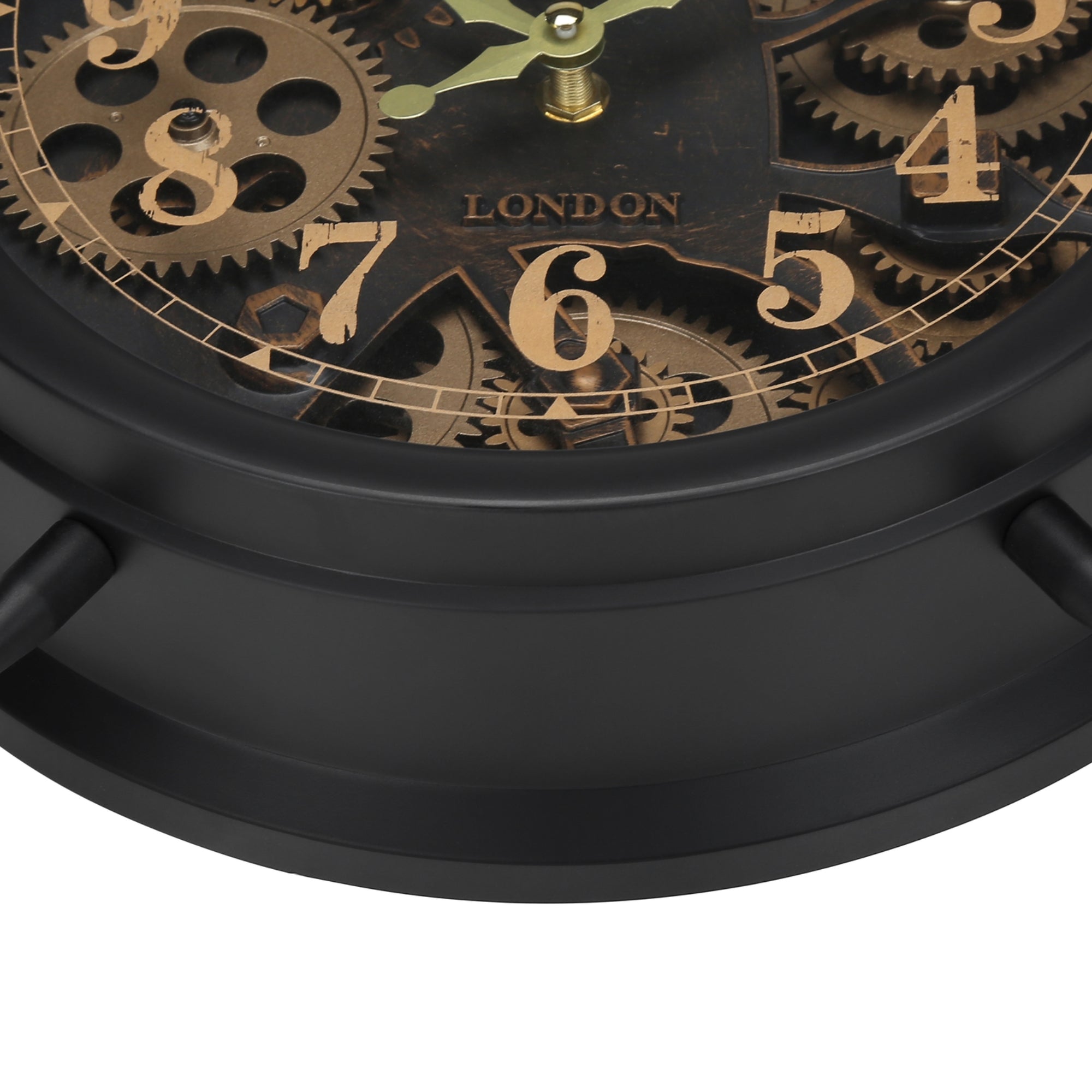 Dark brown tabletop clock with gear mechanism design, Monarch Specialties clock for modern home decor.