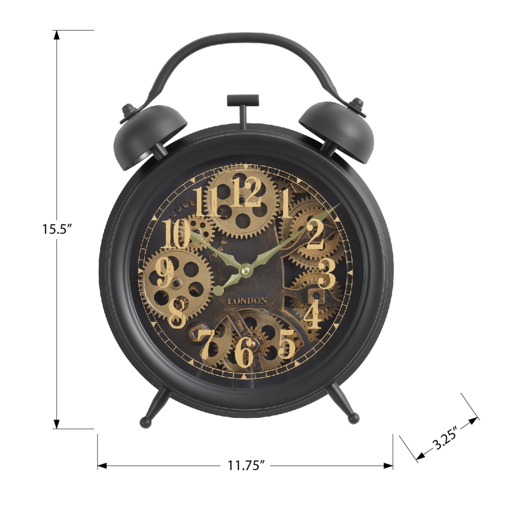 Dark brown table top clock with gear mechanism design by Monarch Specialties, showcasing a modern clock with visible gears.