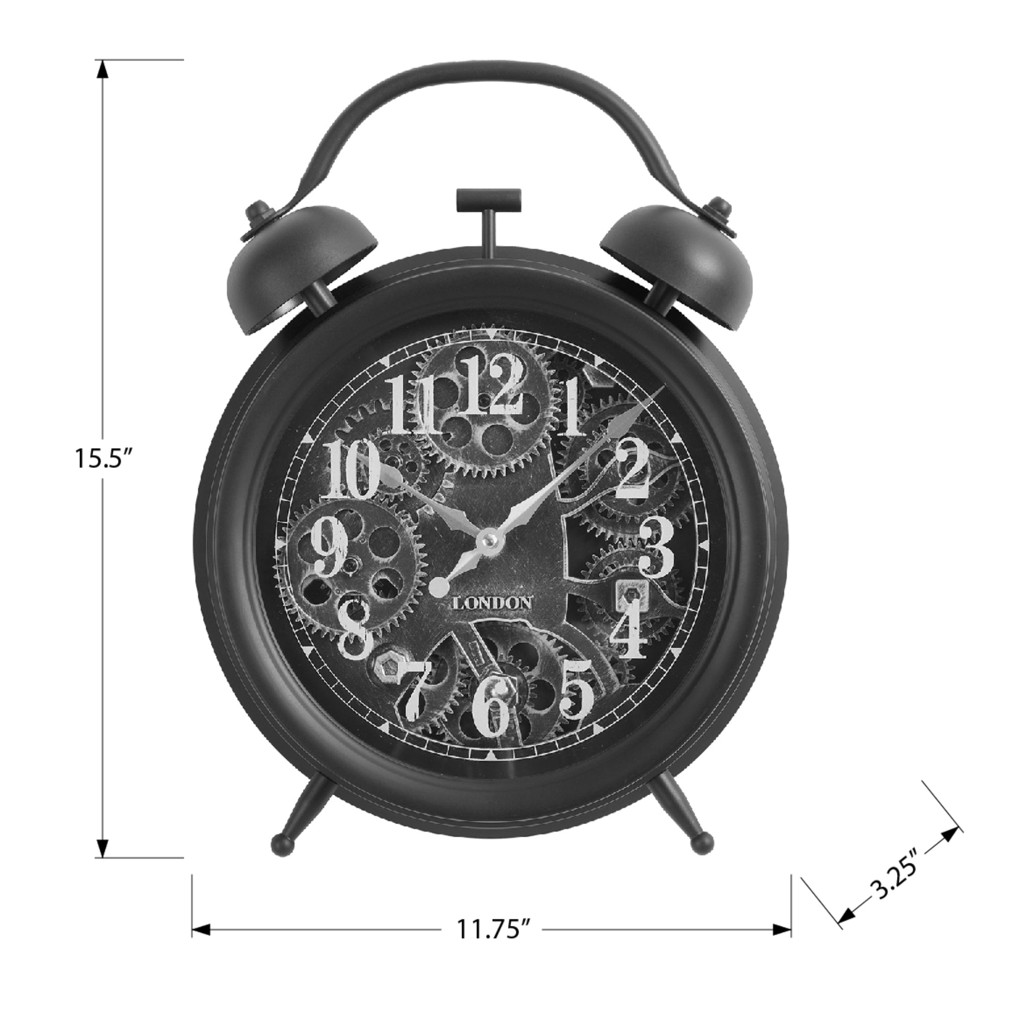 Black gear mechanism table top clock by Monarch Specialties, featuring a modern design and visible gear details.