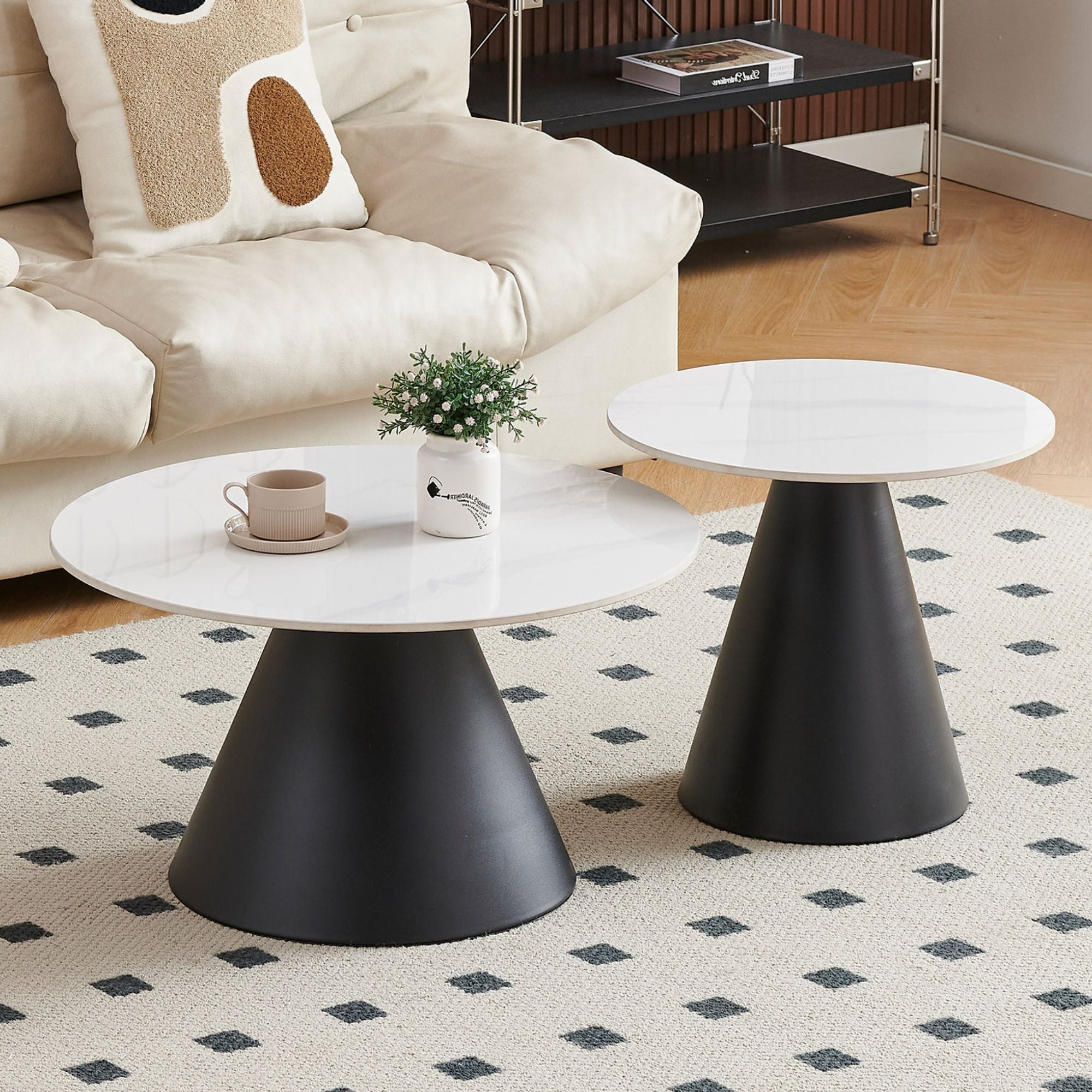 White sintered stone coffee table set in a modern design, featuring clean lines and a sleek white finish by IFF.