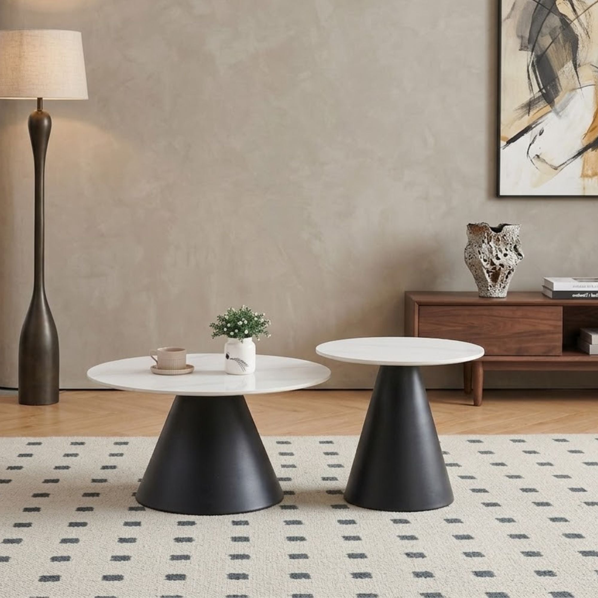 Set of white sintered stone coffee tables from IFF featuring a modern, minimalist design for contemporary living spaces.