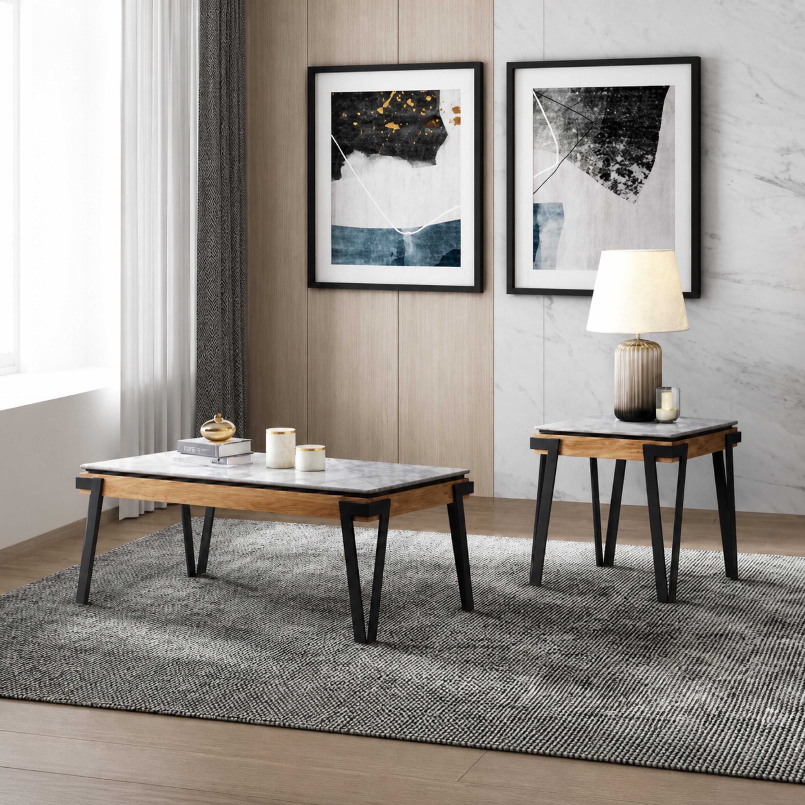 MAZ Dawn Collection coffee and end table set featuring modern wooden tables with sleek designs and sturdy legs.